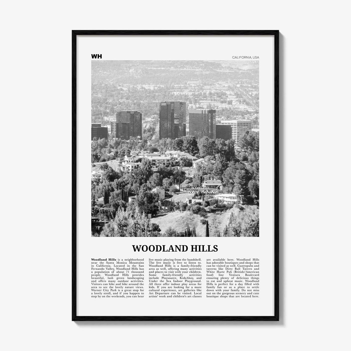 Woodland Hills Print Black and White, Woodland Hills Wall Art, Woodland Hills Poster, Woodland Hills Photo, California, USA, United States