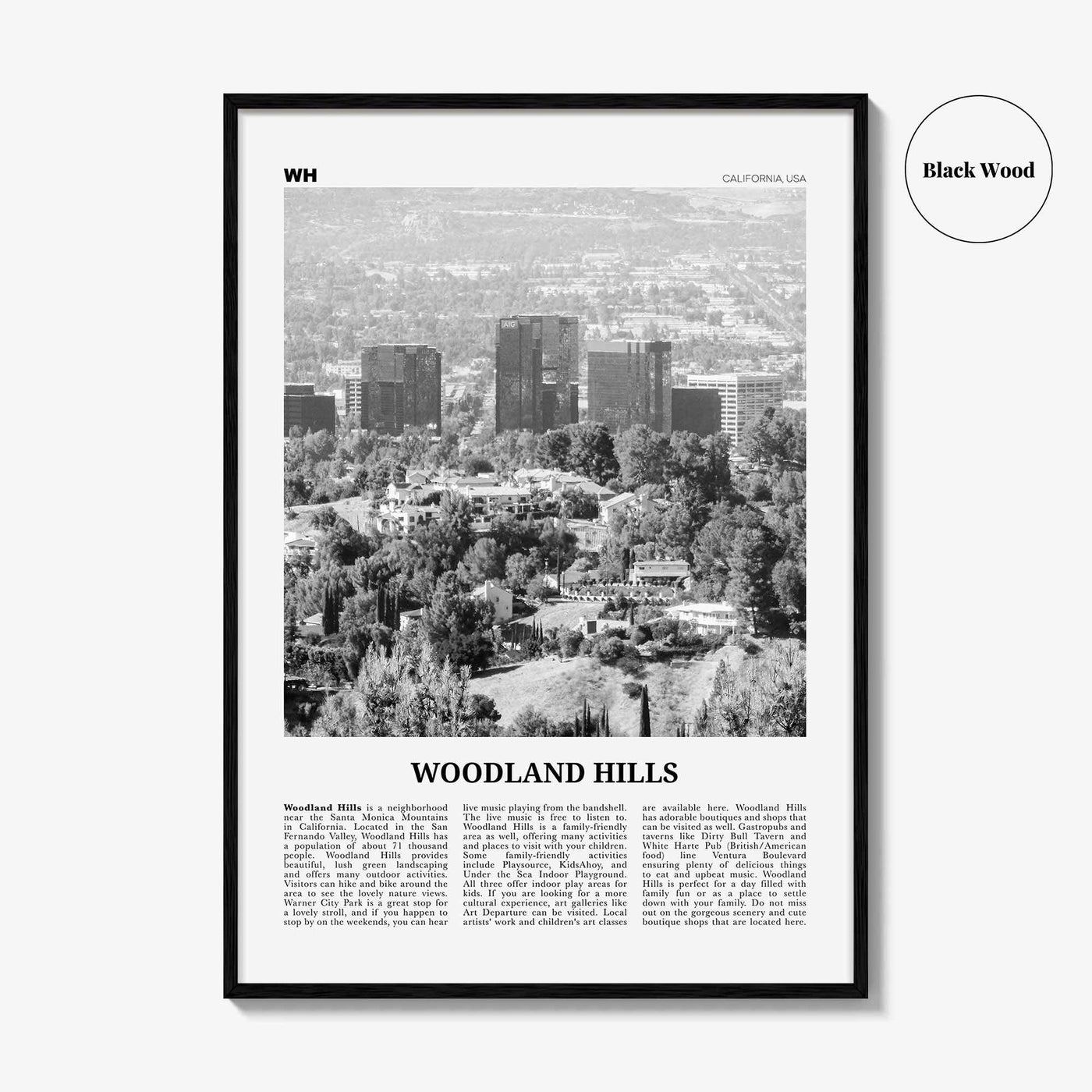 Woodland Hills Print Black and White, Woodland Hills Wall Art, Woodland Hills Poster, Woodland Hills Photo, California, USA, United States