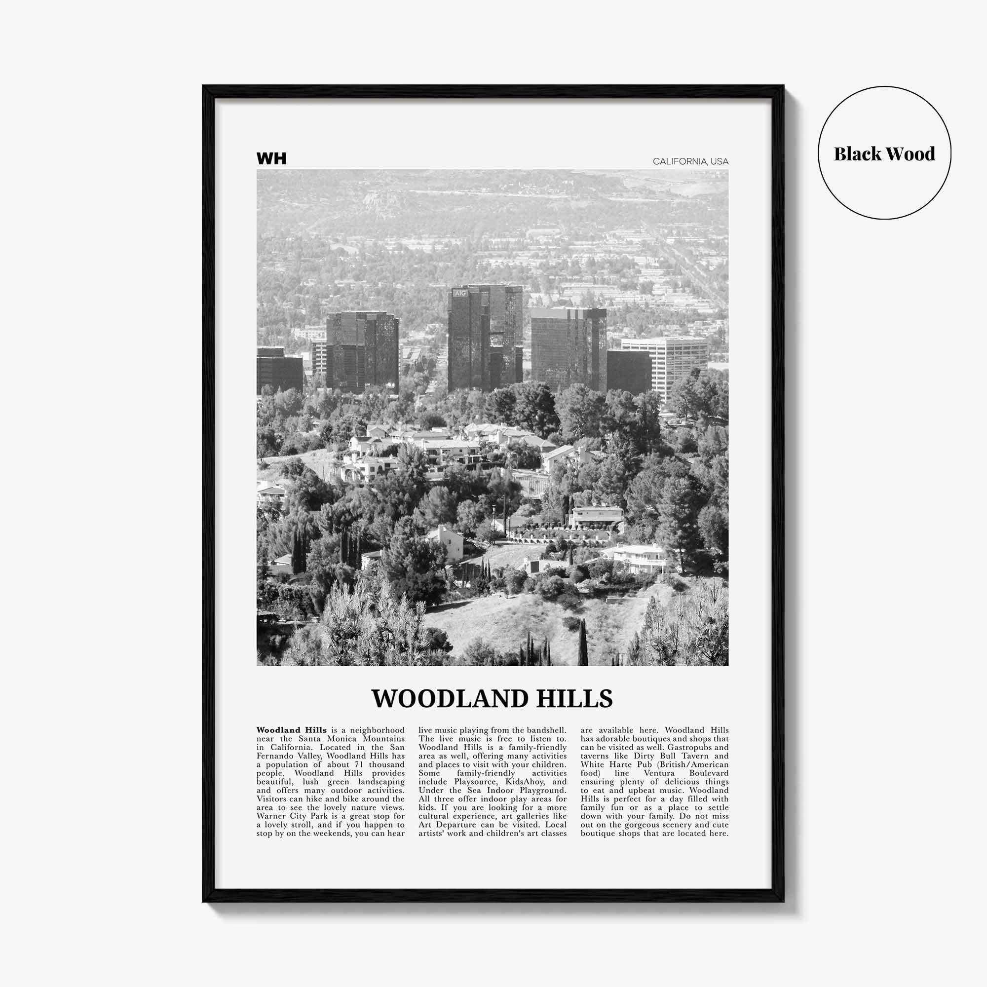 Woodland Hills Print Black and White, Woodland Hills Wall Art, Woodland Hills Poster, Woodland Hills Photo, California, USA, United States