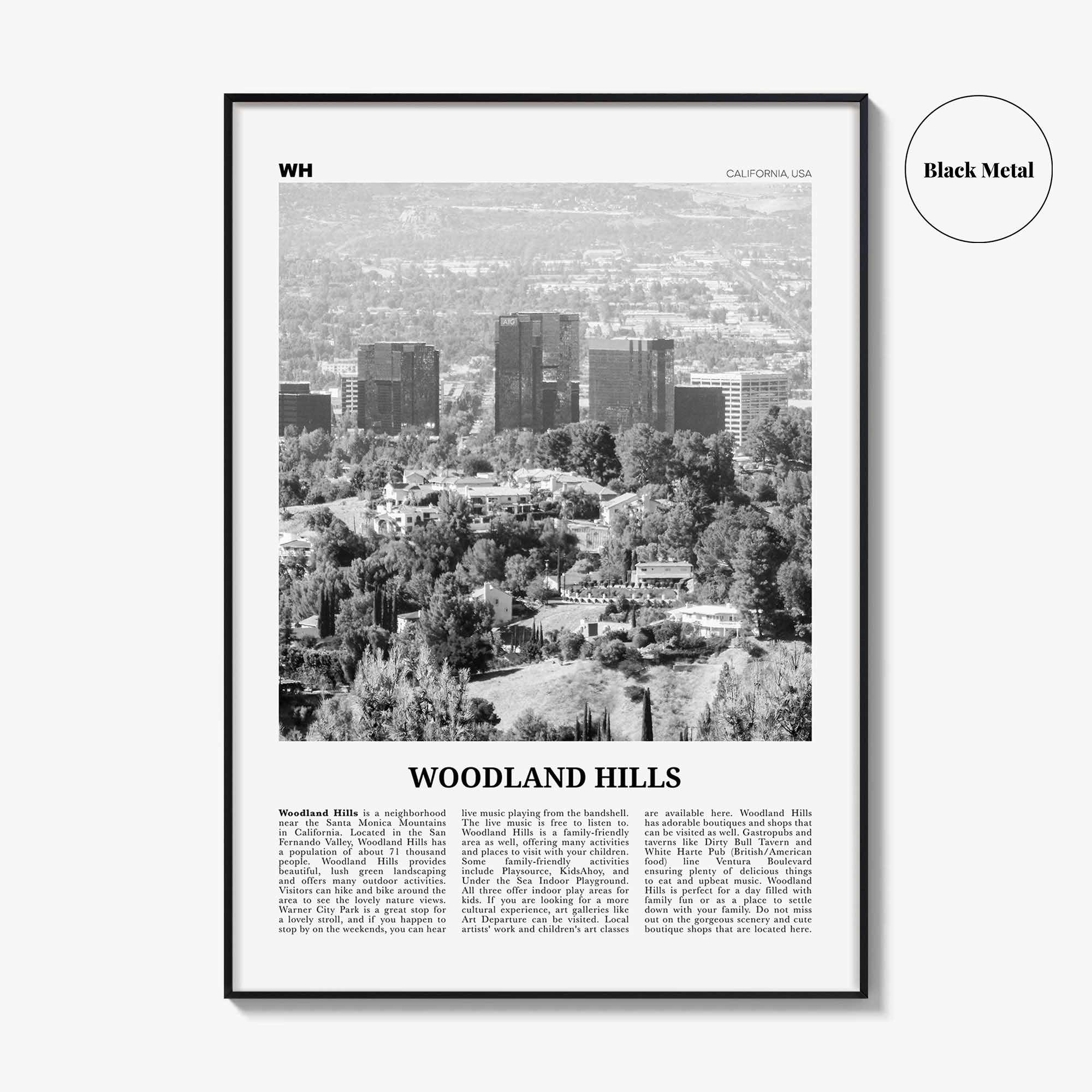 Woodland Hills Print Black and White, Woodland Hills Wall Art, Woodland Hills Poster, Woodland Hills Photo, California, USA, United States