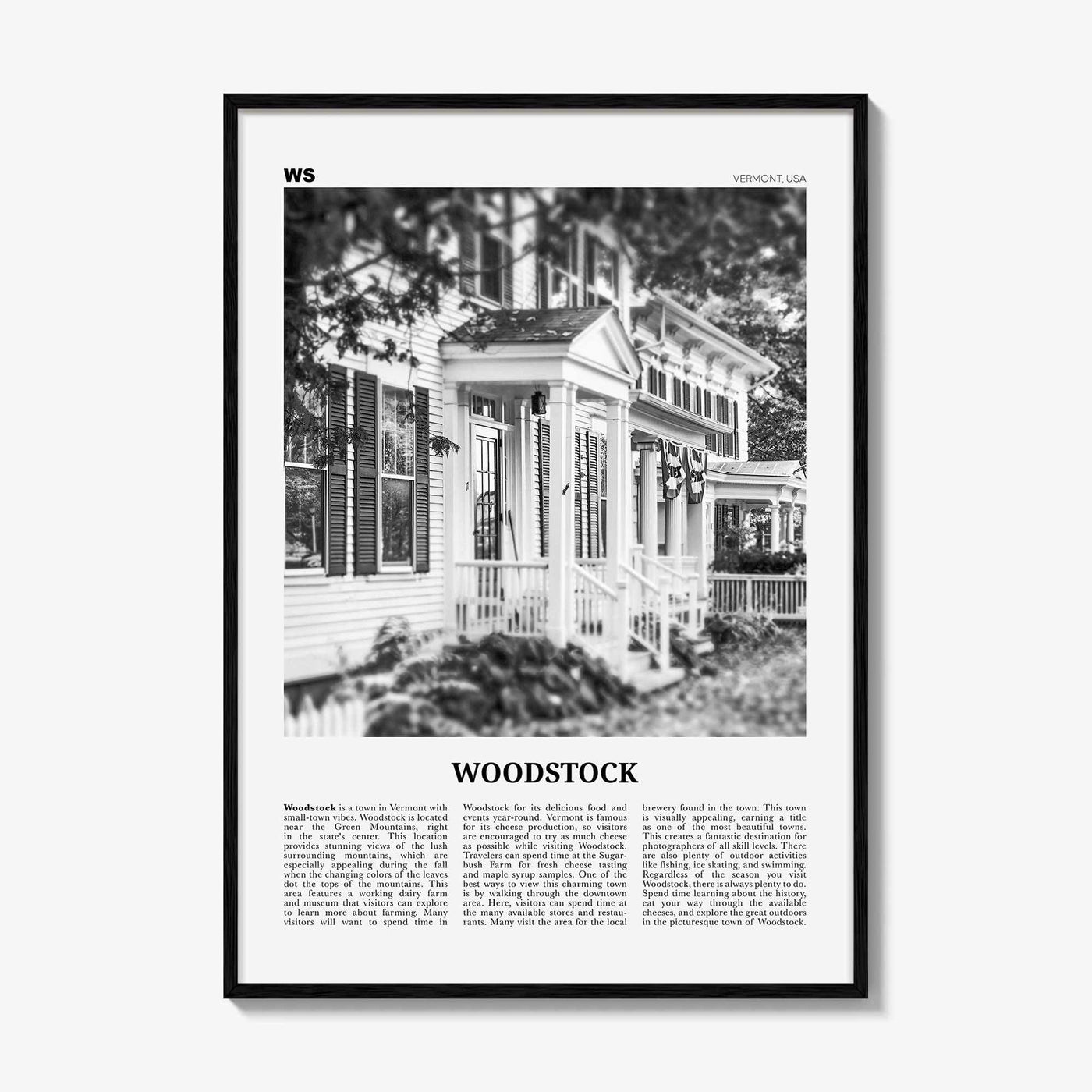 Woodstock Print Black and White Vermont, Woodstock Wall Art, Woodstock Poster, Woodstock Photo, Woodstock Wall Décor, Woodstock Map, USA