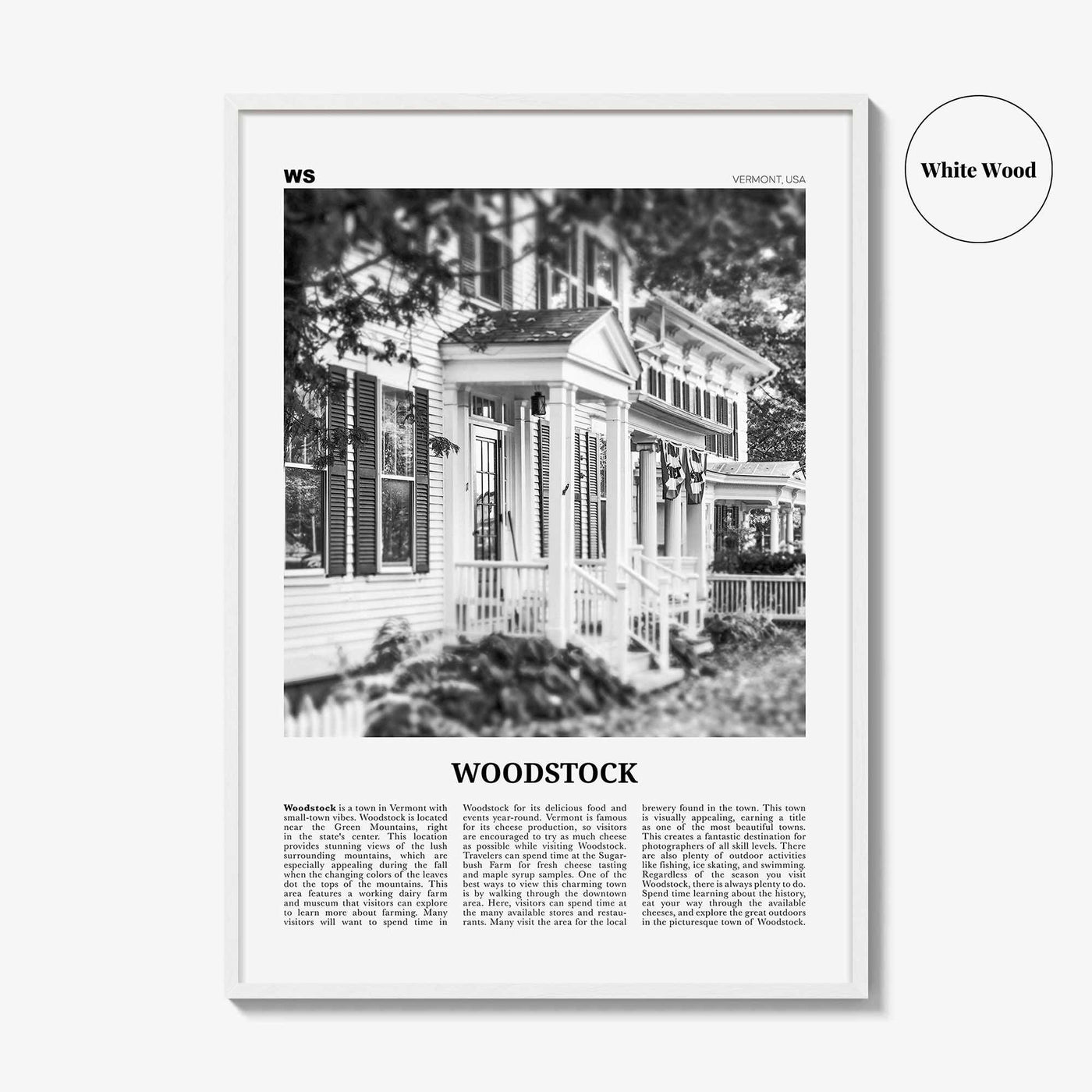 Woodstock Print Black and White Vermont, Woodstock Wall Art, Woodstock Poster, Woodstock Photo, Woodstock Wall Décor, Woodstock Map, USA