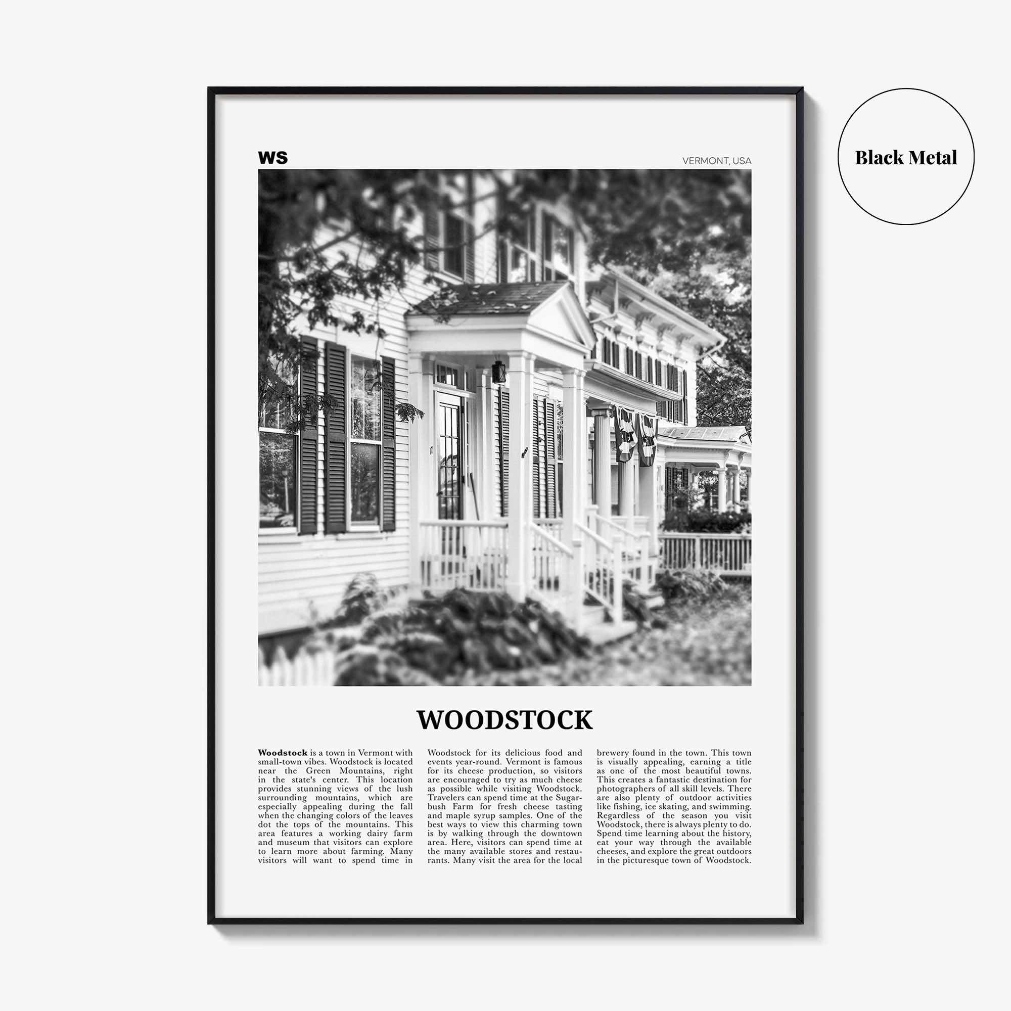 Woodstock Print Black and White Vermont, Woodstock Wall Art, Woodstock Poster, Woodstock Photo, Woodstock Wall Décor, Woodstock Map, USA