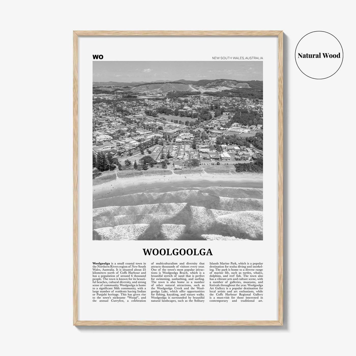 Woolgoolga Print Black and White, Woolgoolga Wall Art, Woolgoolga Poster, Woolgoolga Photo, Woolgoolga Wall Décor, Woolgoolga Map, Australia