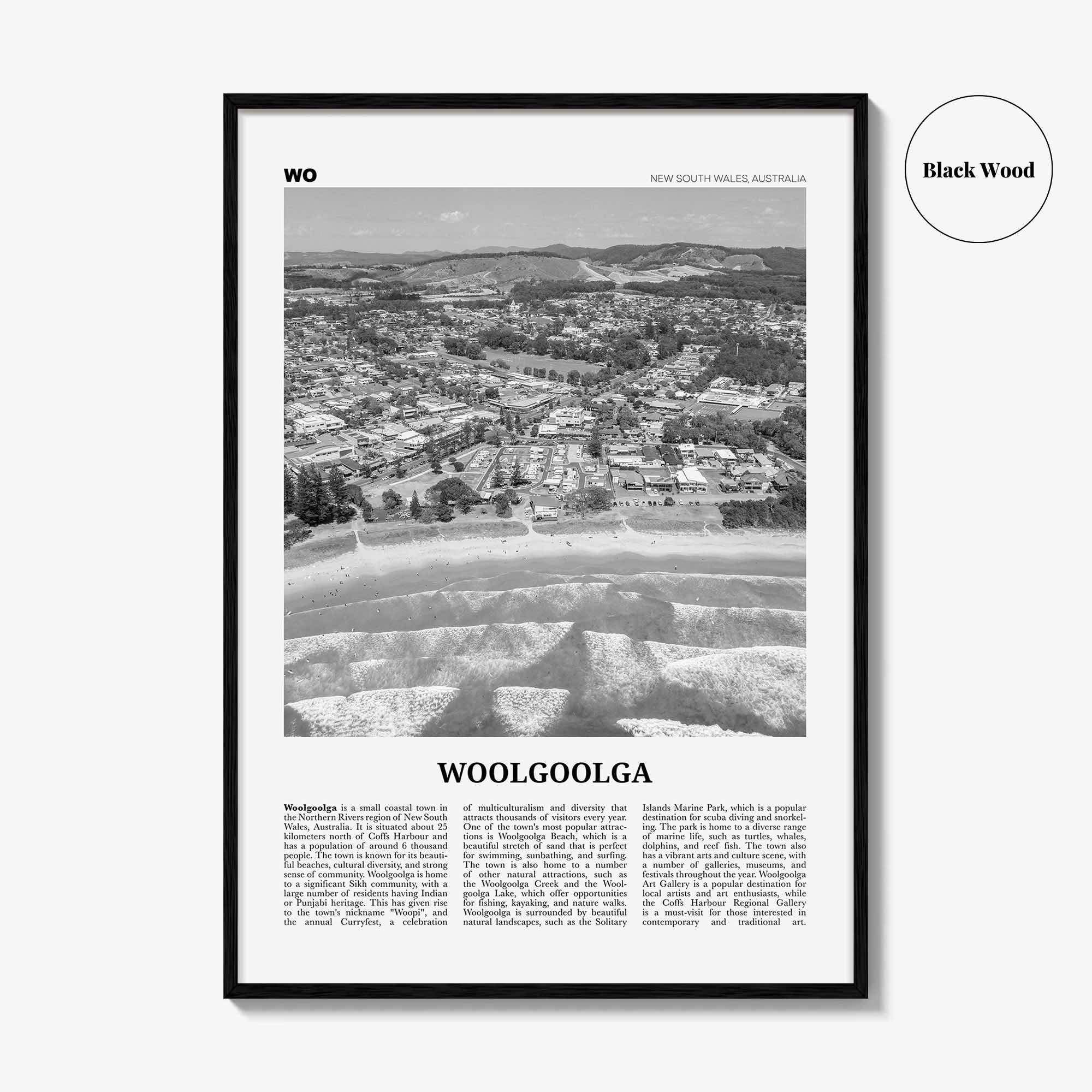 Woolgoolga Print Black and White, Woolgoolga Wall Art, Woolgoolga Poster, Woolgoolga Photo, Woolgoolga Wall Décor, Woolgoolga Map, Australia