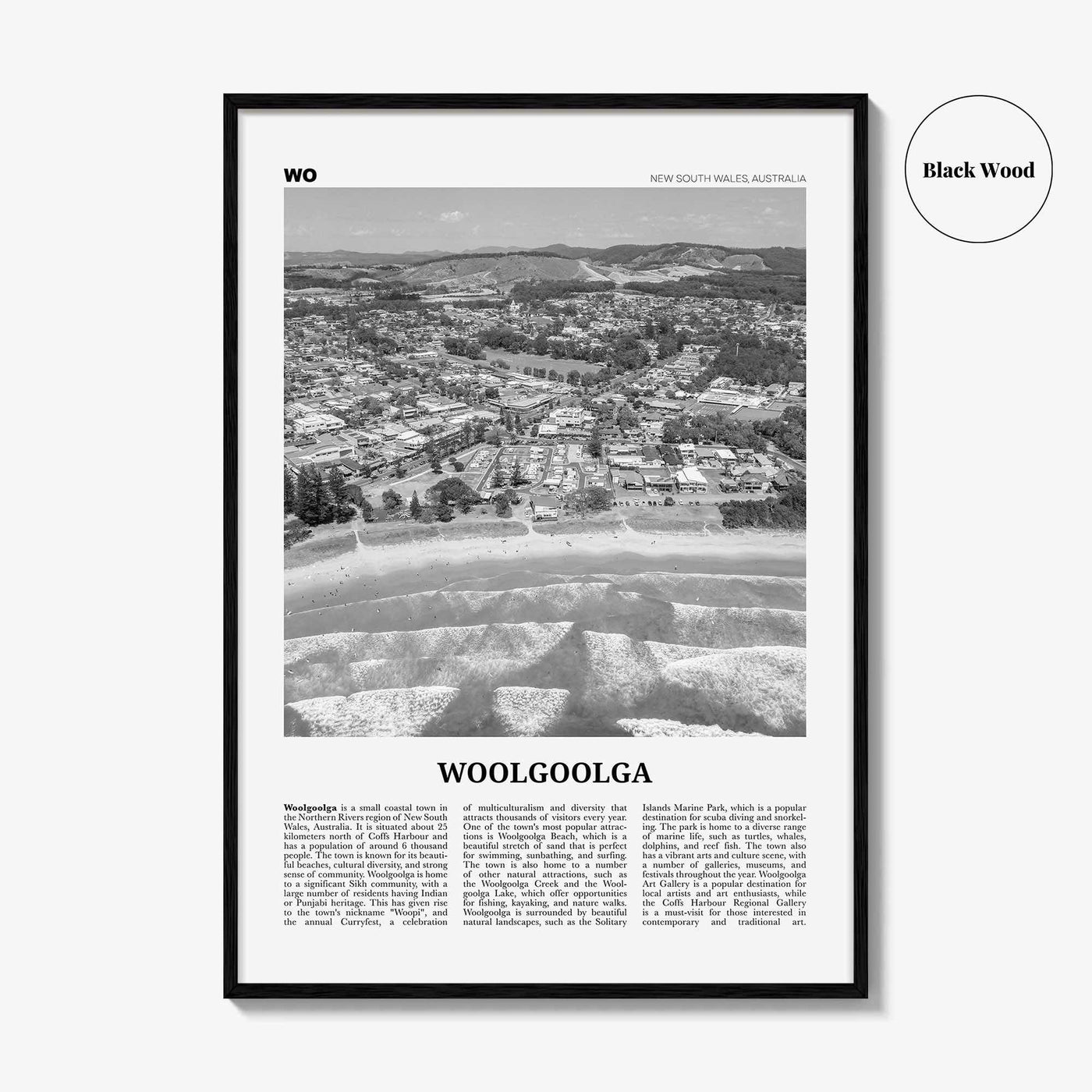 Woolgoolga Print Black and White, Woolgoolga Wall Art, Woolgoolga Poster, Woolgoolga Photo, Woolgoolga Wall Décor, Woolgoolga Map, Australia