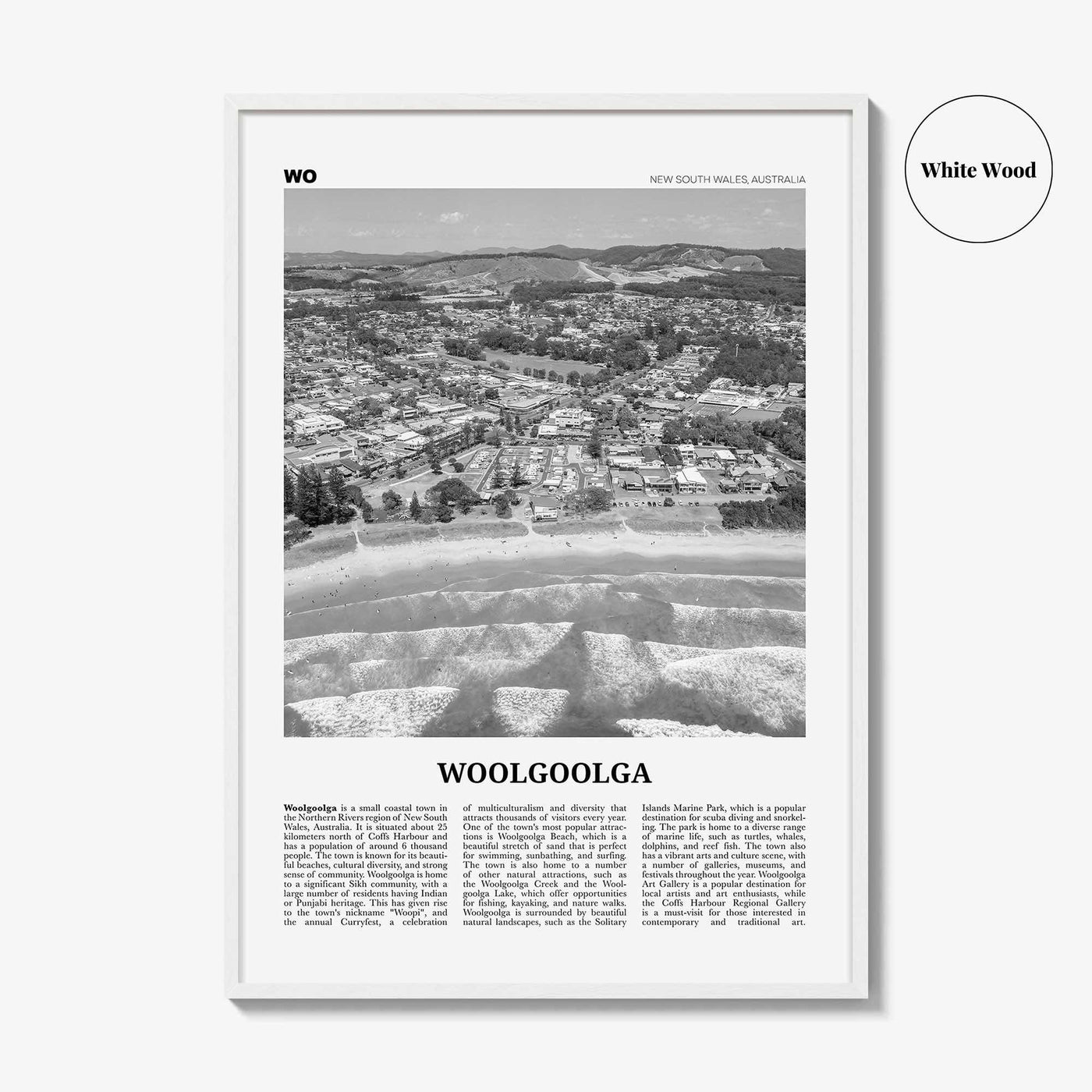 Woolgoolga Print Black and White, Woolgoolga Wall Art, Woolgoolga Poster, Woolgoolga Photo, Woolgoolga Wall Décor, Woolgoolga Map, Australia