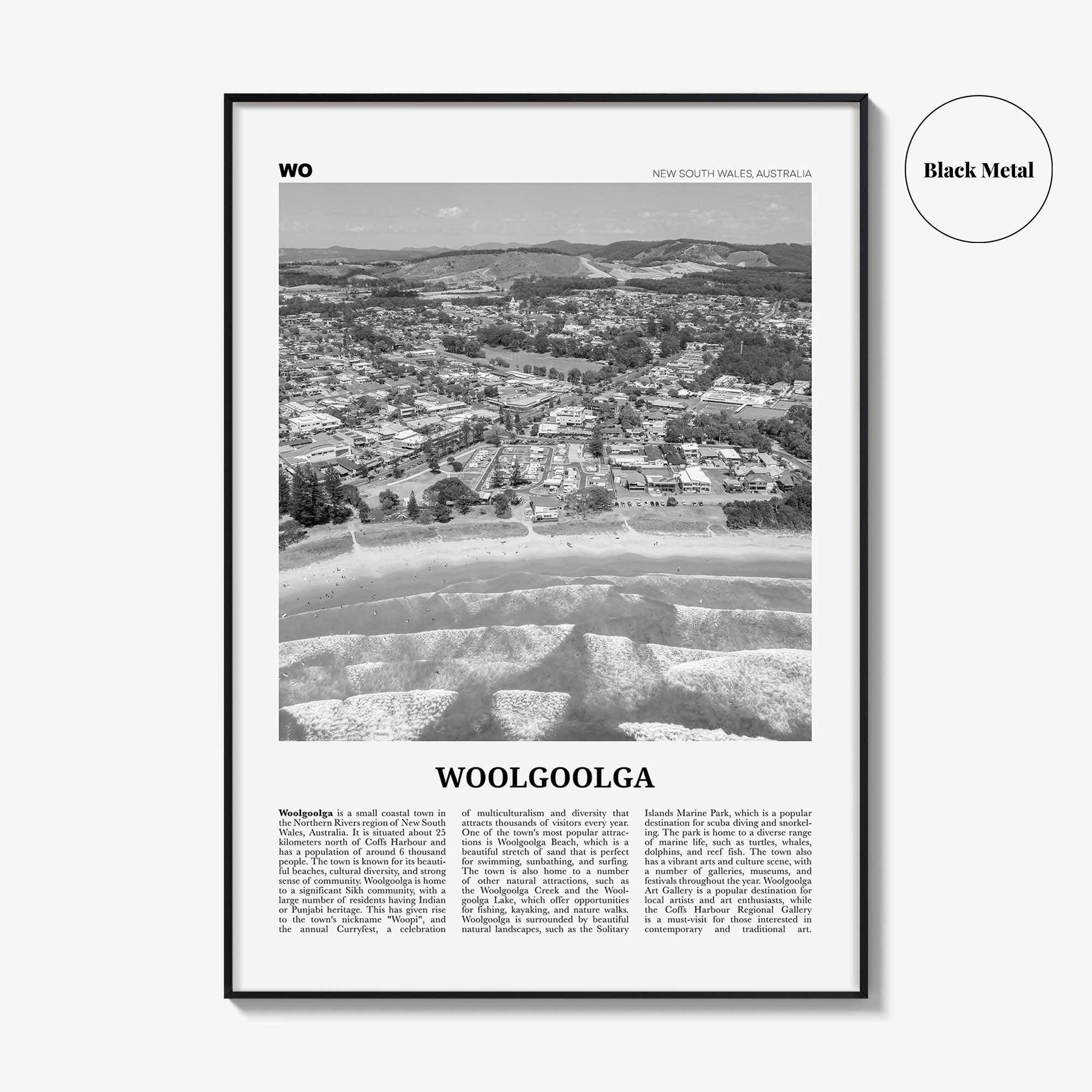 Woolgoolga Print Black and White, Woolgoolga Wall Art, Woolgoolga Poster, Woolgoolga Photo, Woolgoolga Wall Décor, Woolgoolga Map, Australia