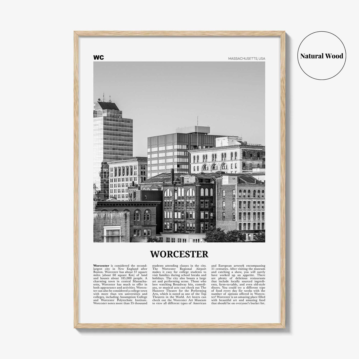 Worcester Print Black and White, Worcester Wall Art, Worcester Poster, Worcester Photo, Worcester Décor, Massachusetts, USA, United States