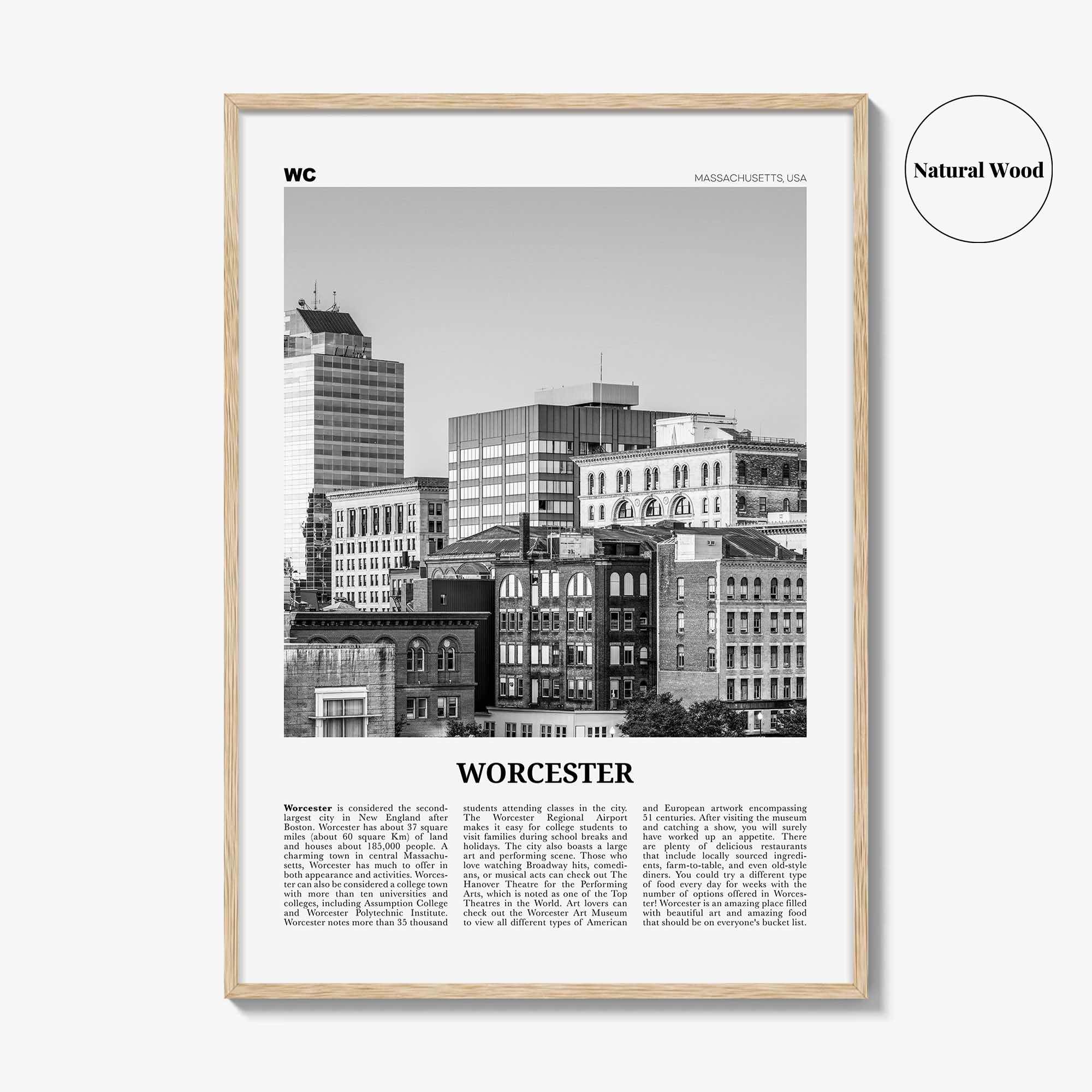 Worcester Print Black and White, Worcester Wall Art, Worcester Poster, Worcester Photo, Worcester Décor, Massachusetts, USA, United States