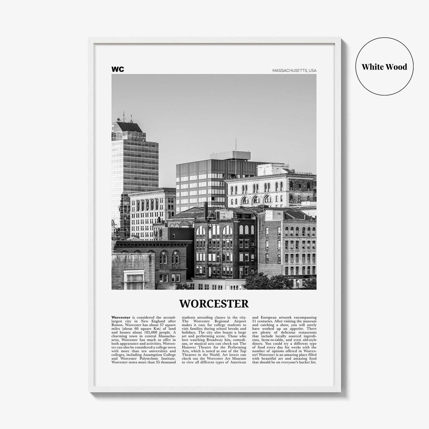 Worcester Print Black and White, Worcester Wall Art, Worcester Poster, Worcester Photo, Worcester Décor, Massachusetts, USA, United States