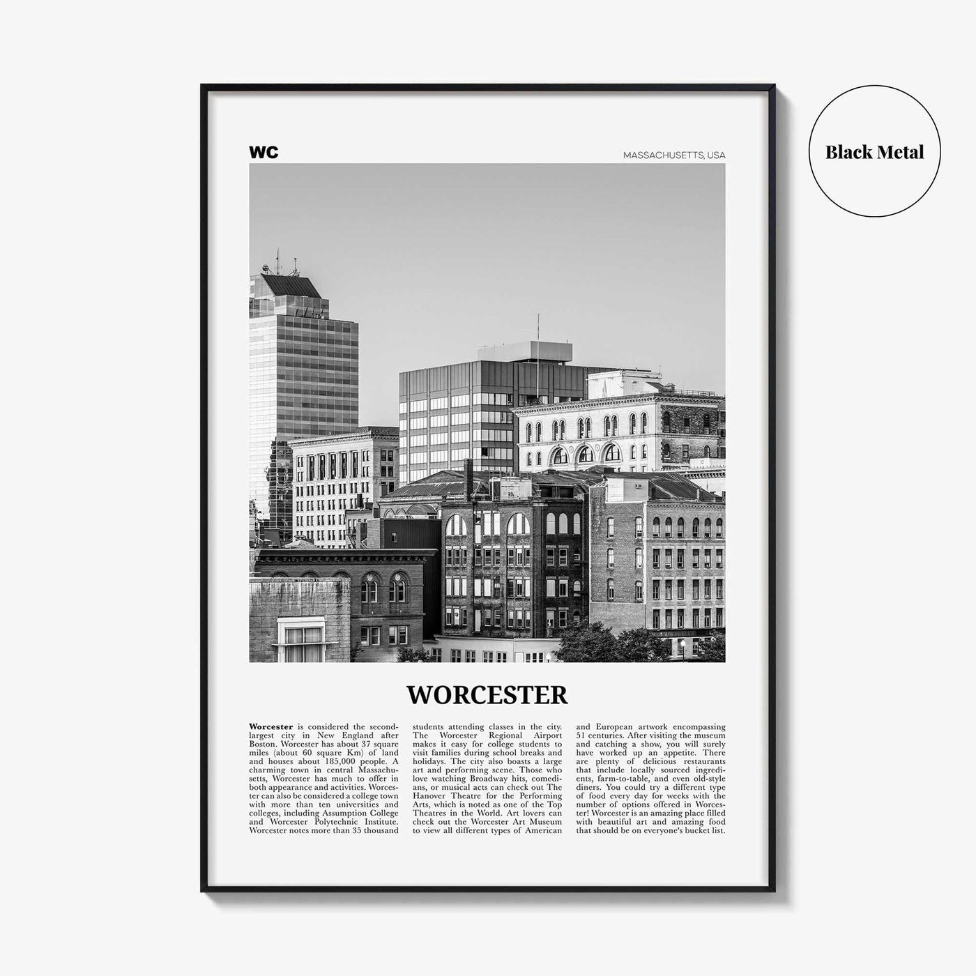 Worcester Print Black and White, Worcester Wall Art, Worcester Poster, Worcester Photo, Worcester Décor, Massachusetts, USA, United States