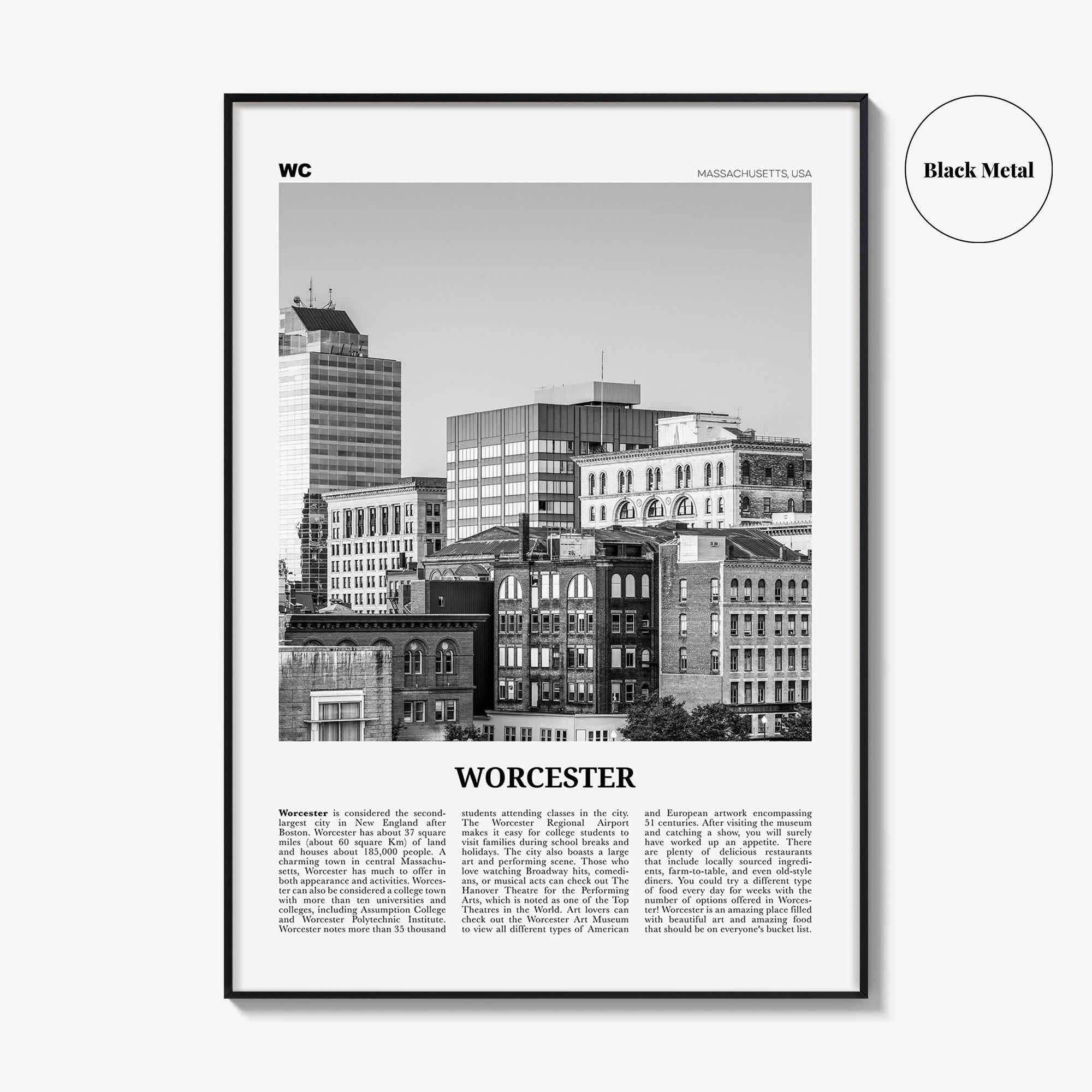 Worcester Print Black and White, Worcester Wall Art, Worcester Poster, Worcester Photo, Worcester Décor, Massachusetts, USA, United States