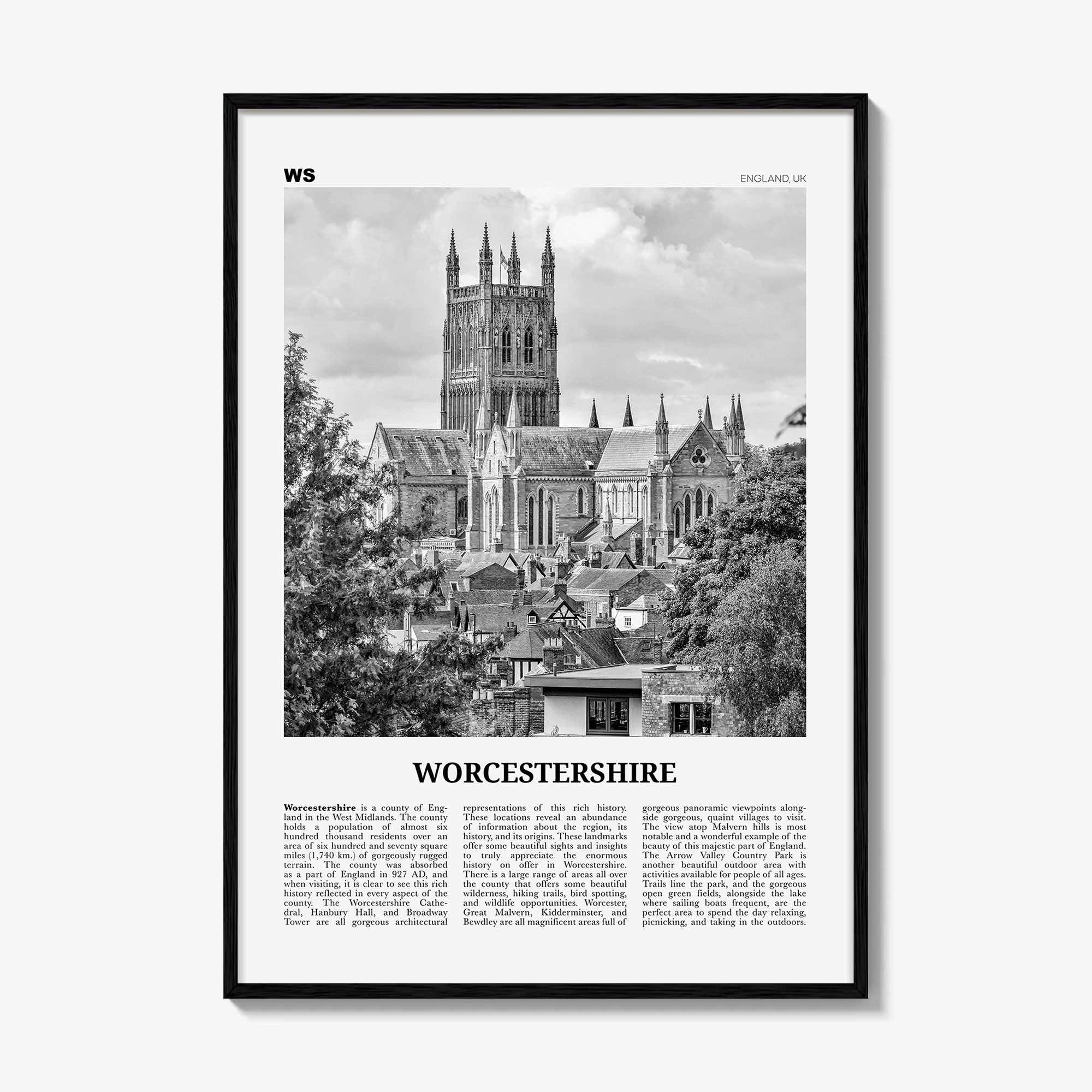 Worcestershire Print Black and White, Worcestershire Wall Art, Worcestershire Poster, Worcestershire Photo, Worcestershire Map, England, UK