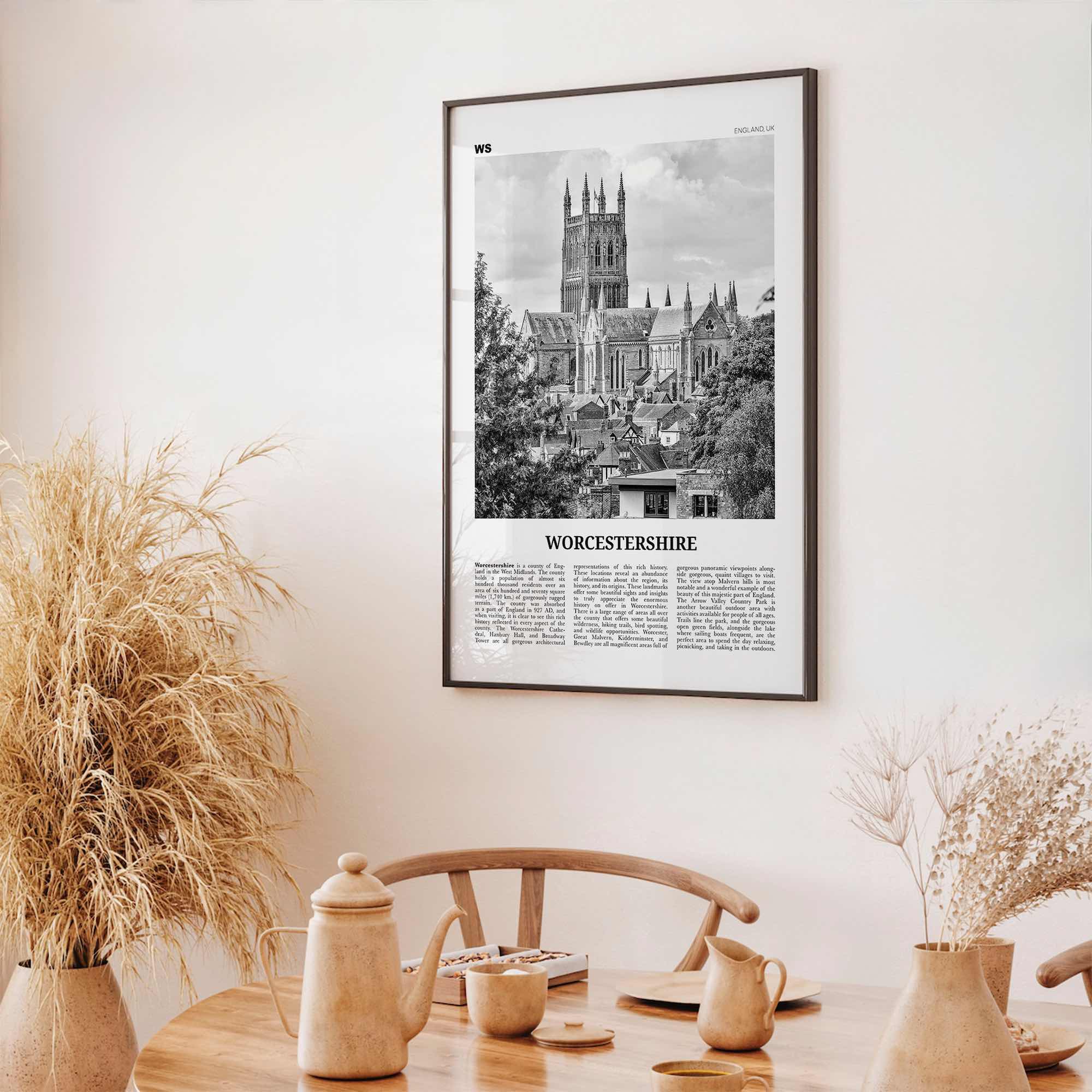 Worcestershire Print Black and White, Worcestershire Wall Art, Worcestershire Poster, Worcestershire Photo, Worcestershire Map, England, UK