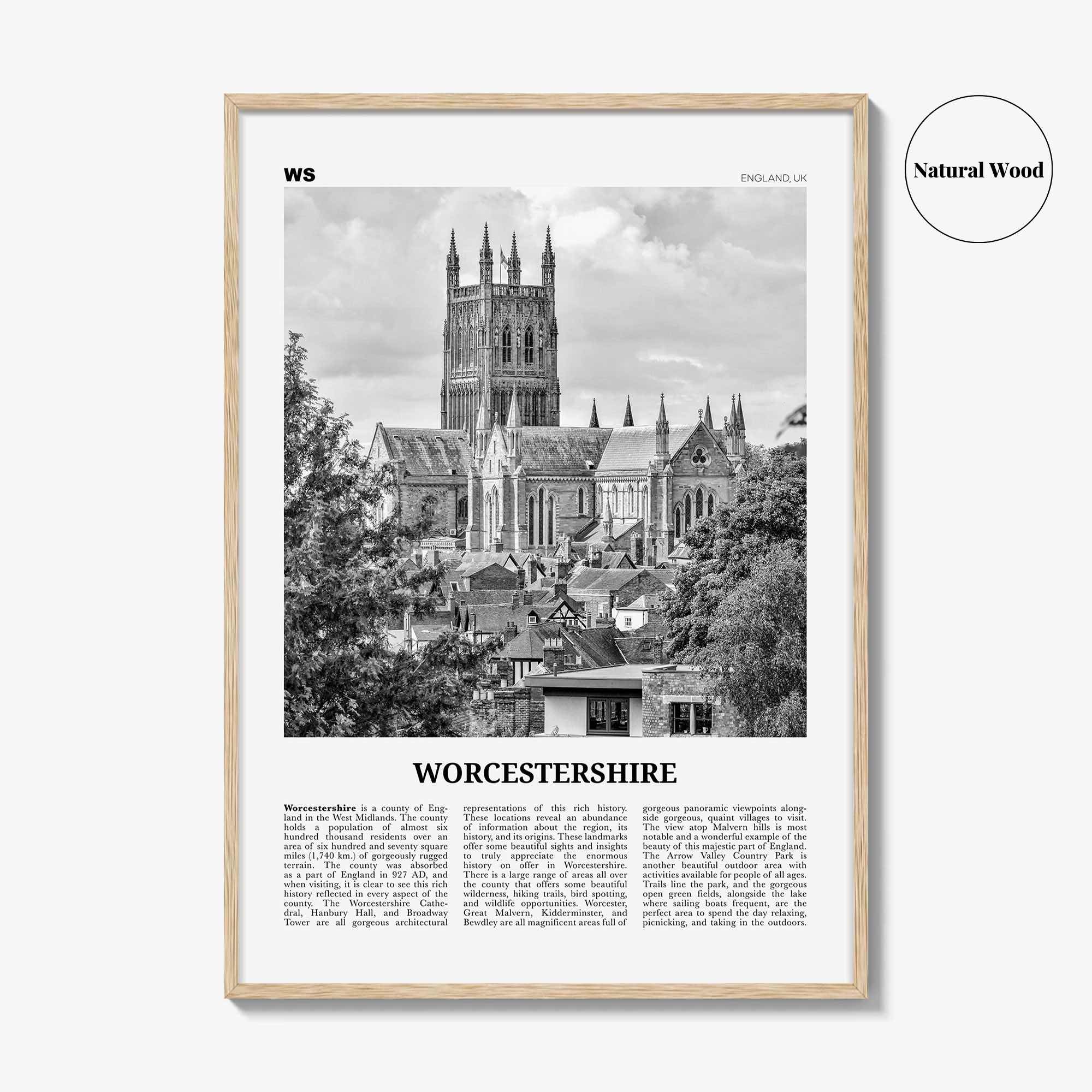 Worcestershire Print Black and White, Worcestershire Wall Art, Worcestershire Poster, Worcestershire Photo, Worcestershire Map, England, UK
