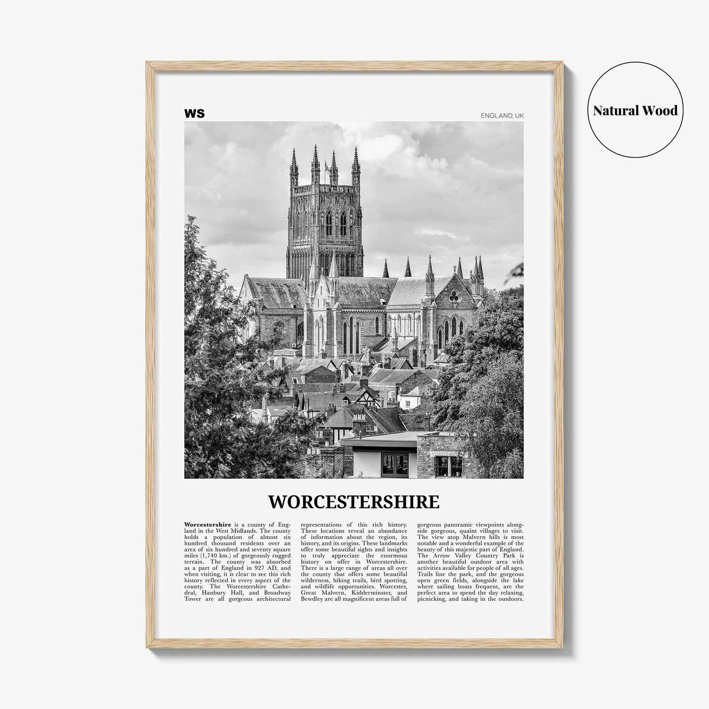 Worcestershire Print Black and White, Worcestershire Wall Art, Worcestershire Poster, Worcestershire Photo, Worcestershire Map, England, UK