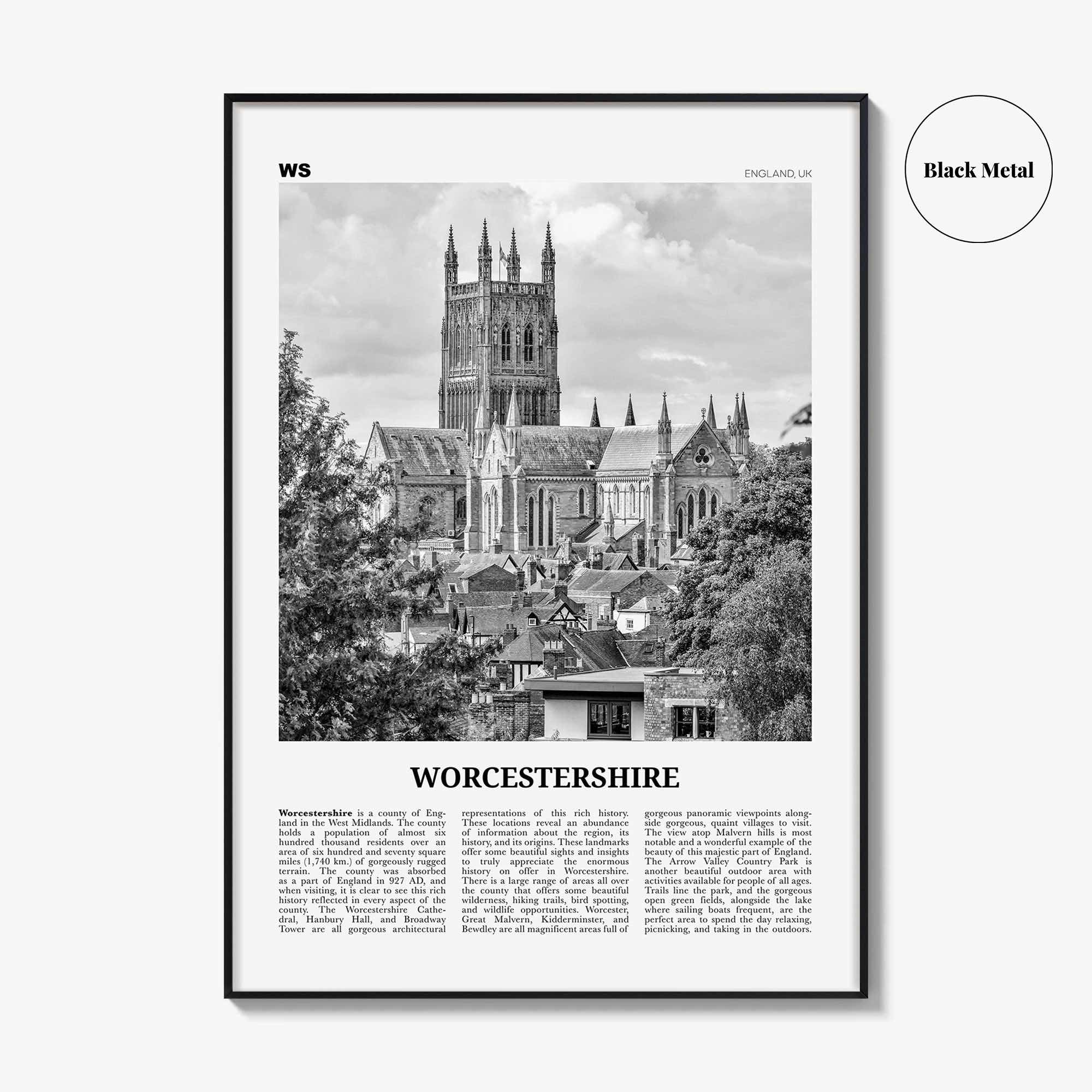 Worcestershire Print Black and White, Worcestershire Wall Art, Worcestershire Poster, Worcestershire Photo, Worcestershire Map, England, UK
