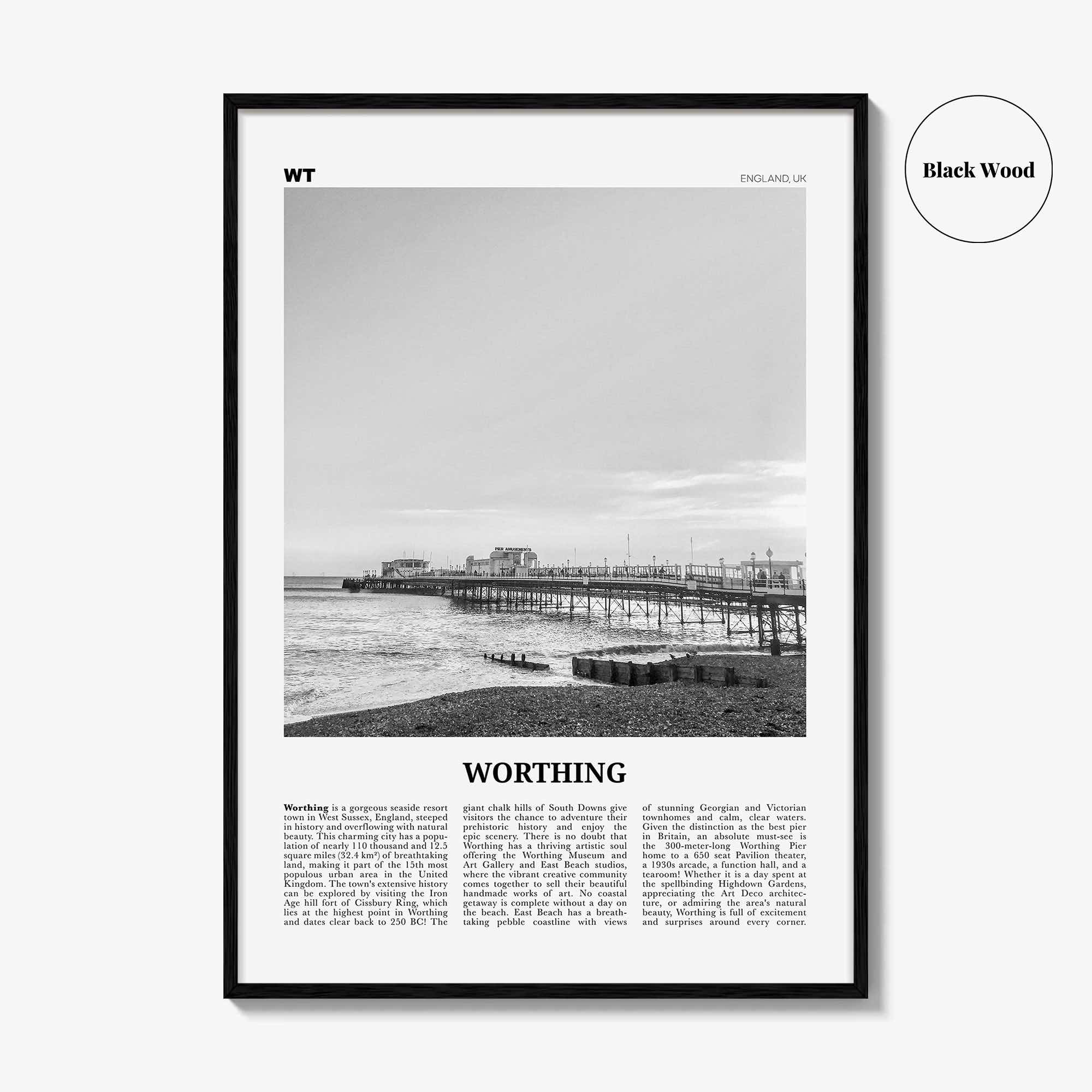 Worthing Print Black and White, Worthing Wall Art, Worthing Poster, Worthing Photo, Worthing Wall Décor, England, UK, United Kingdom