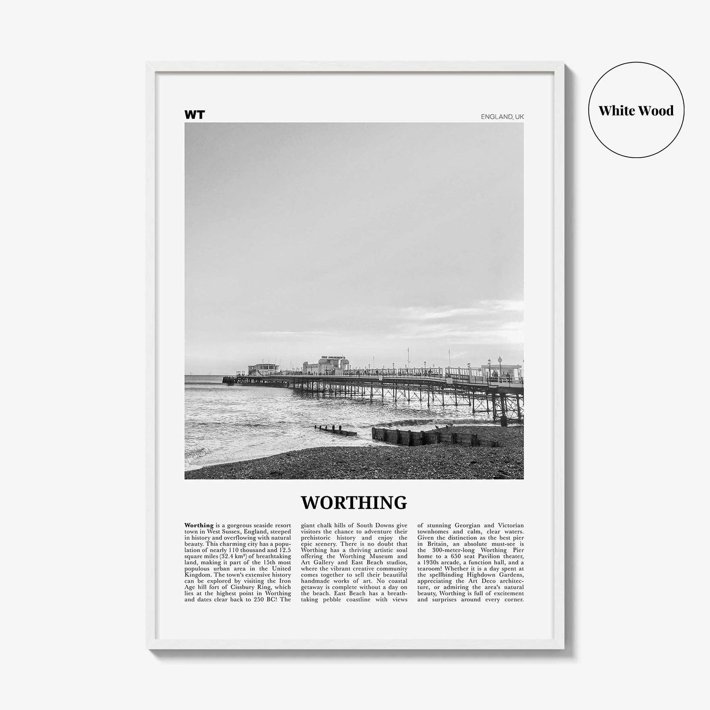 Worthing Print Black and White, Worthing Wall Art, Worthing Poster, Worthing Photo, Worthing Wall Décor, England, UK, United Kingdom