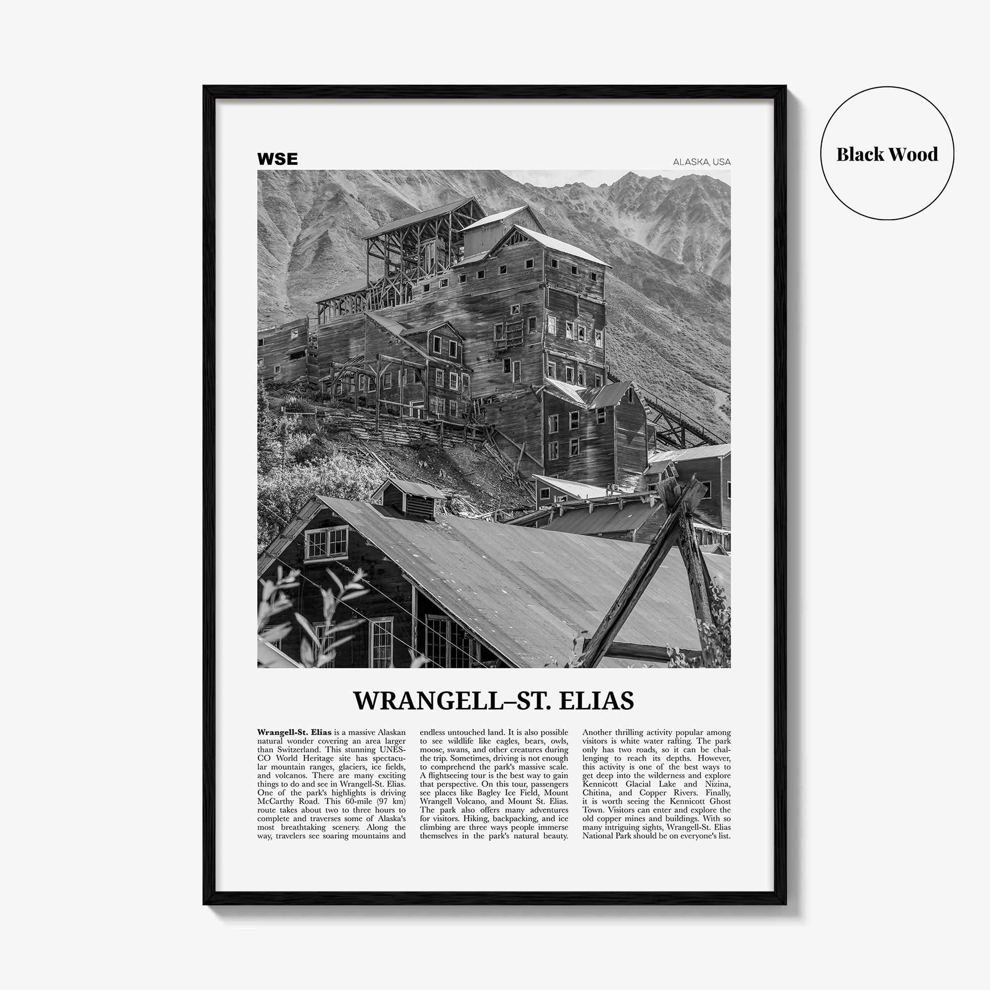 Wrangell St Elias National Park Print Black and White, Wrangell–St. Elias Wall Art, Wrangell–St. Elias Poster, Alaska, USA