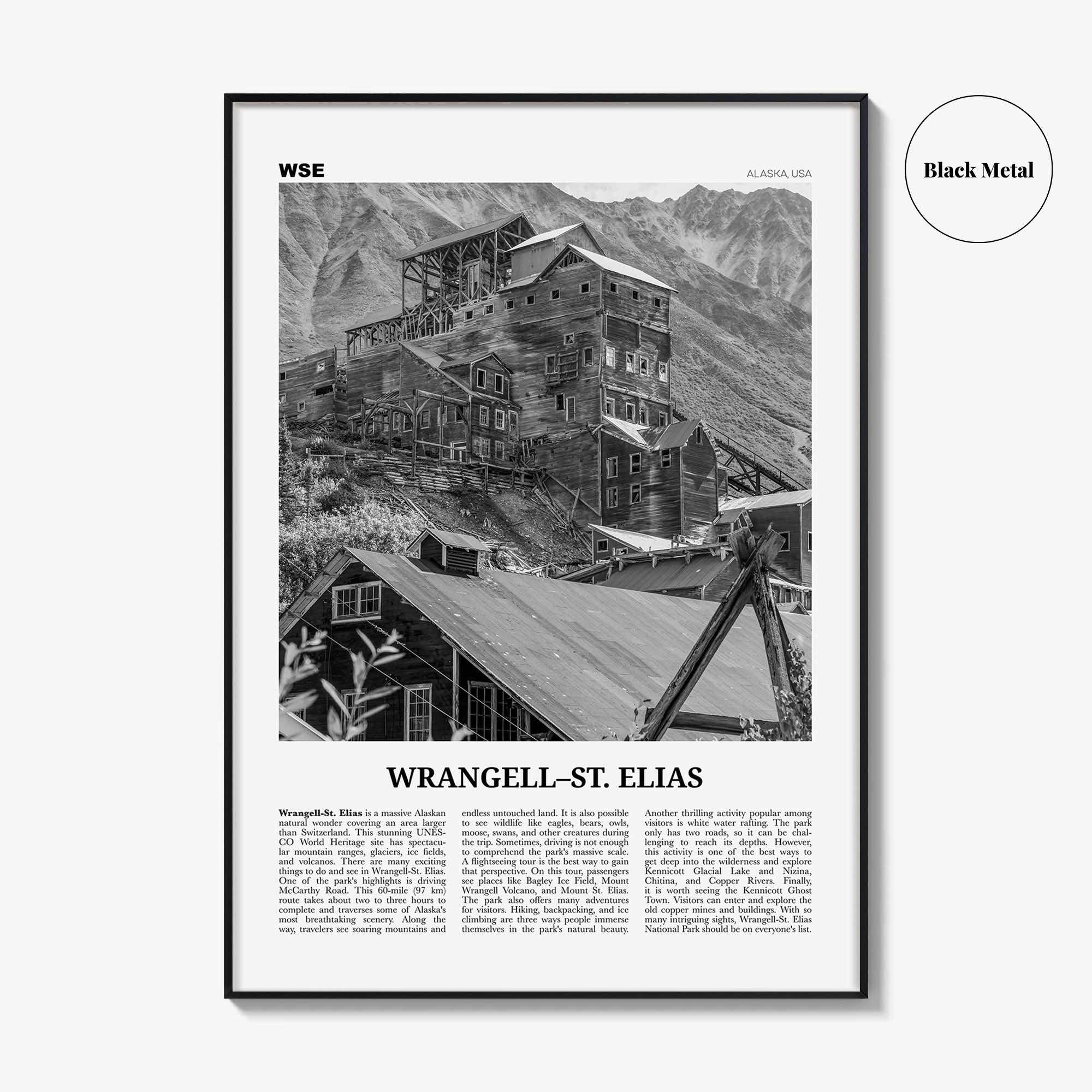Wrangell St Elias National Park Print Black and White, Wrangell–St. Elias Wall Art, Wrangell–St. Elias Poster, Alaska, USA