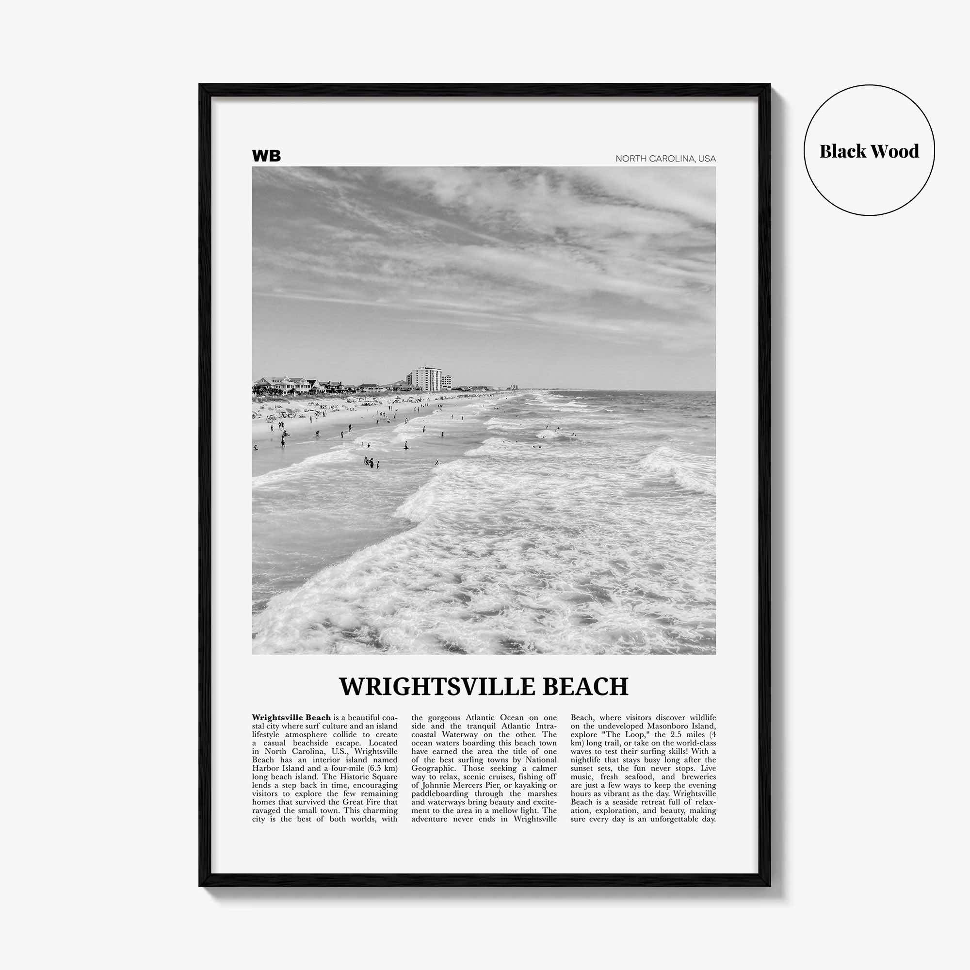 Wrightsville Beach Print Black and White No 1, Wrightsville Beach Wall Art, Wrightsville Beach Poster, Wrightsville, North Carolina, USA
