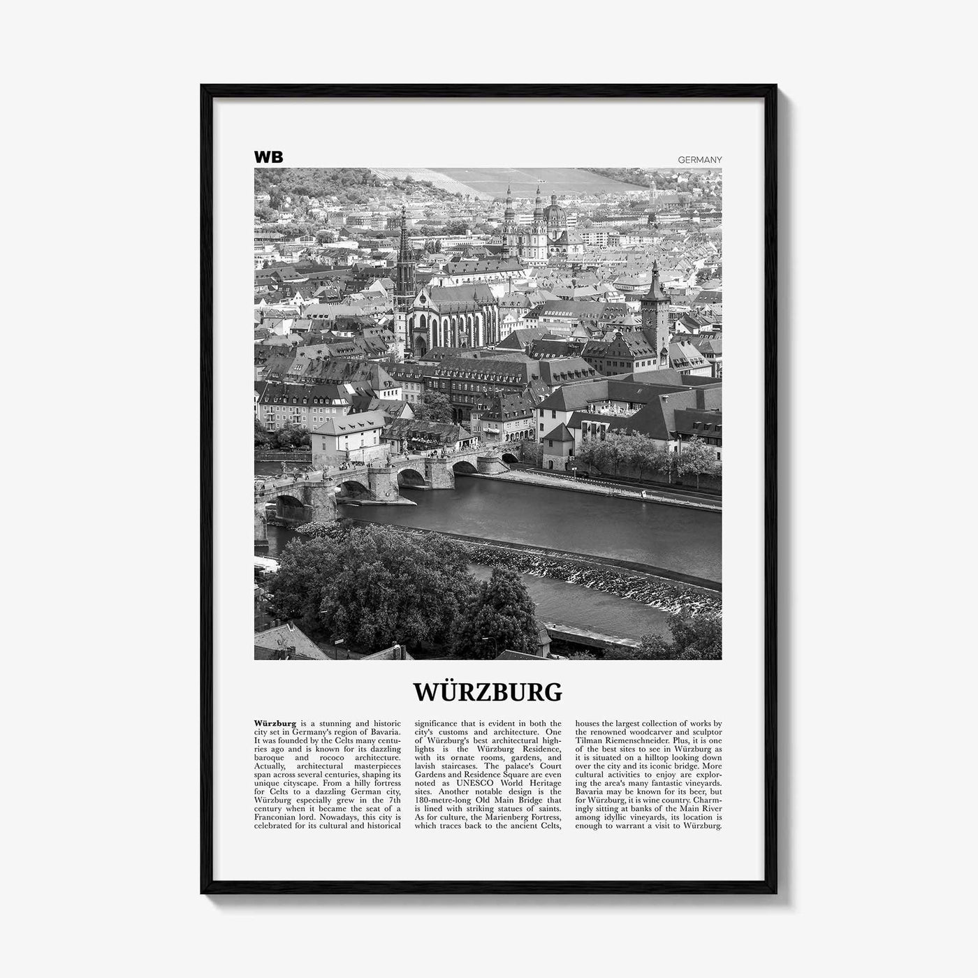 Wurzburg Print Black and White No 1, Würzburg Wall Art, Würzburg Poster, Würzburg Photo, Würzburg Map, Würzburg Wall Decor, Germany