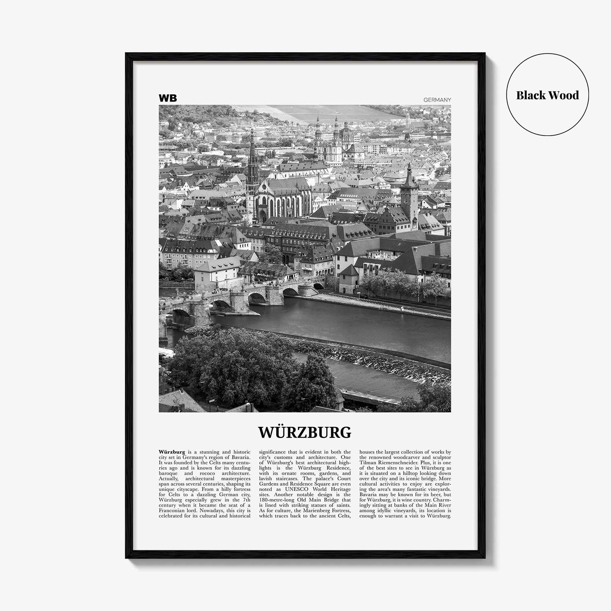 Wurzburg Print Black and White No 1, Würzburg Wall Art, Würzburg Poster, Würzburg Photo, Würzburg Map, Würzburg Wall Decor, Germany
