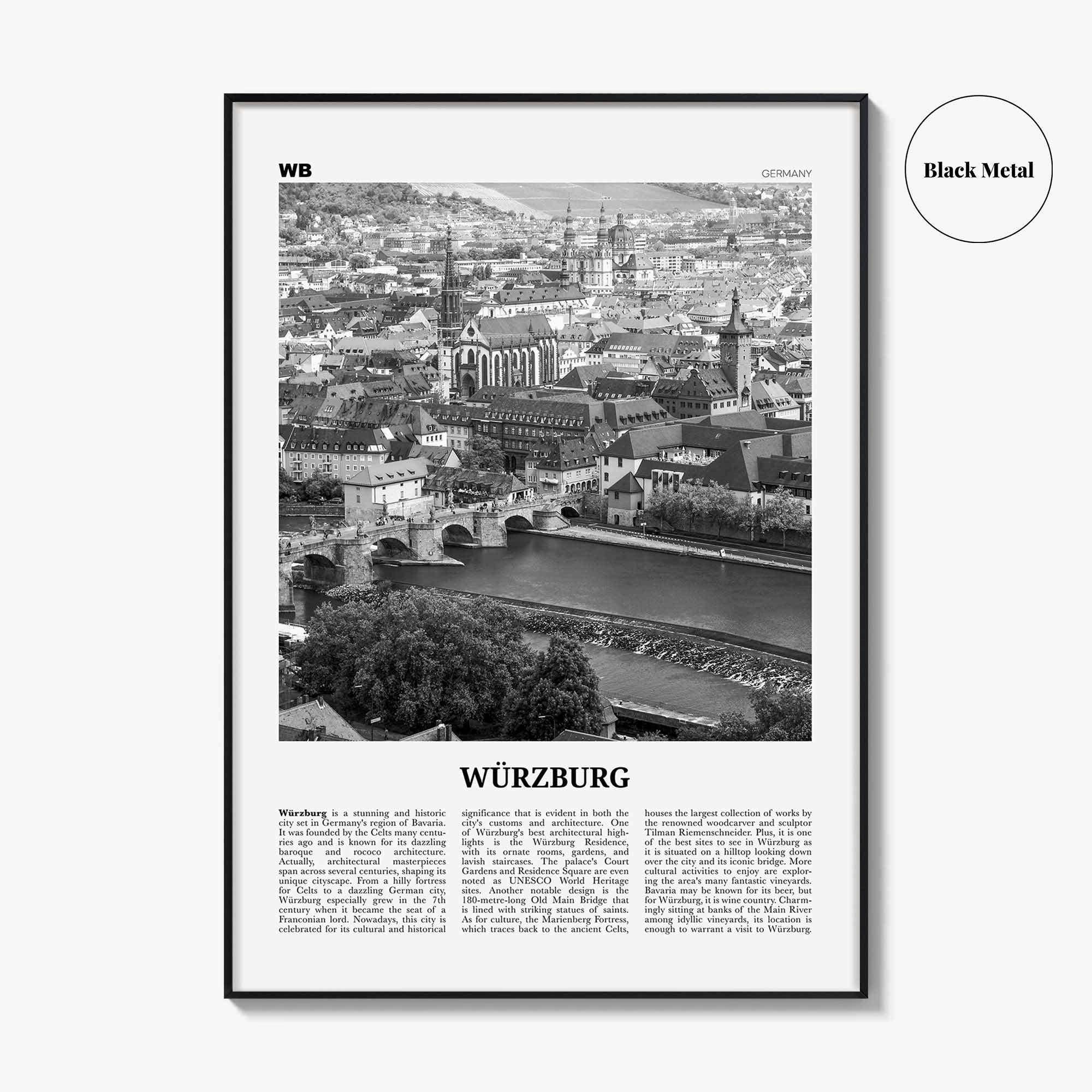 Wurzburg Print Black and White No 1, Würzburg Wall Art, Würzburg Poster, Würzburg Photo, Würzburg Map, Würzburg Wall Decor, Germany
