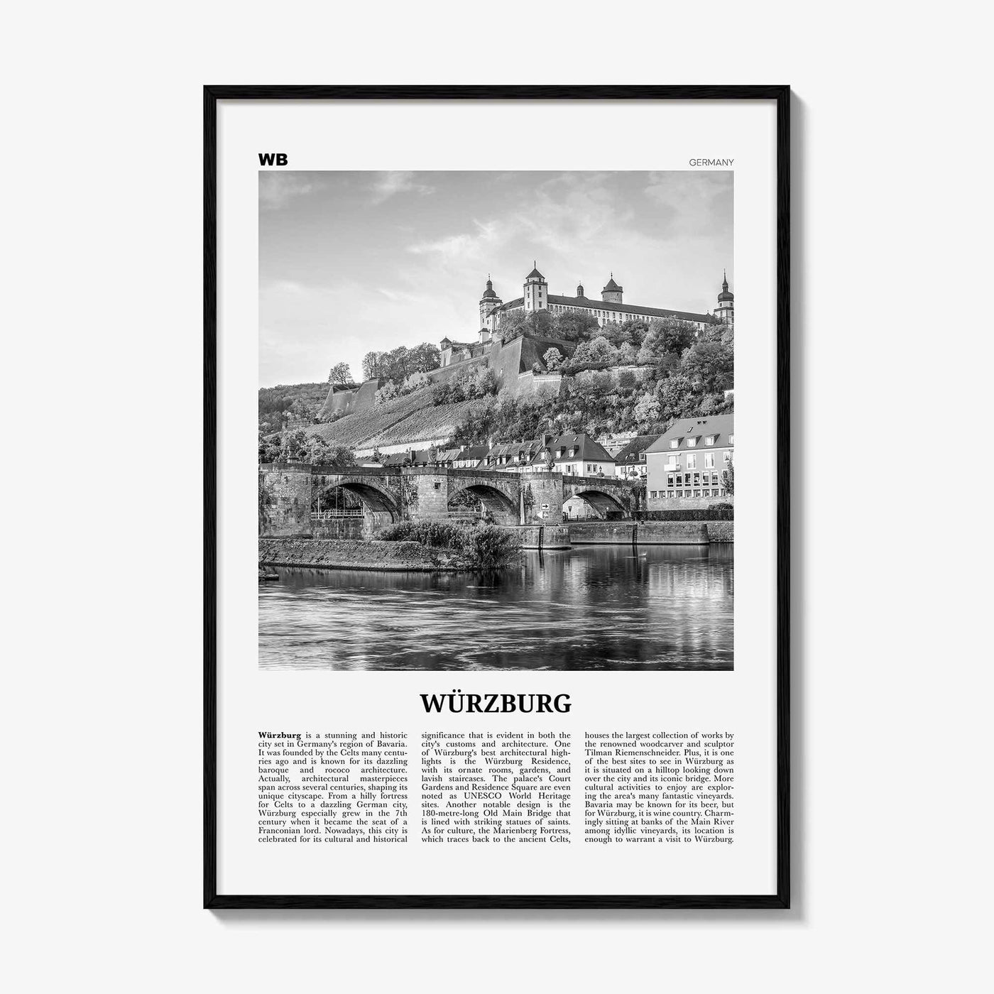Wurzburg Print Black and White No 2, Würzburg Wall Art, Würzburg Poster, Würzburg Photo, Würzburg Map, Würzburg Wall Decor, Germany