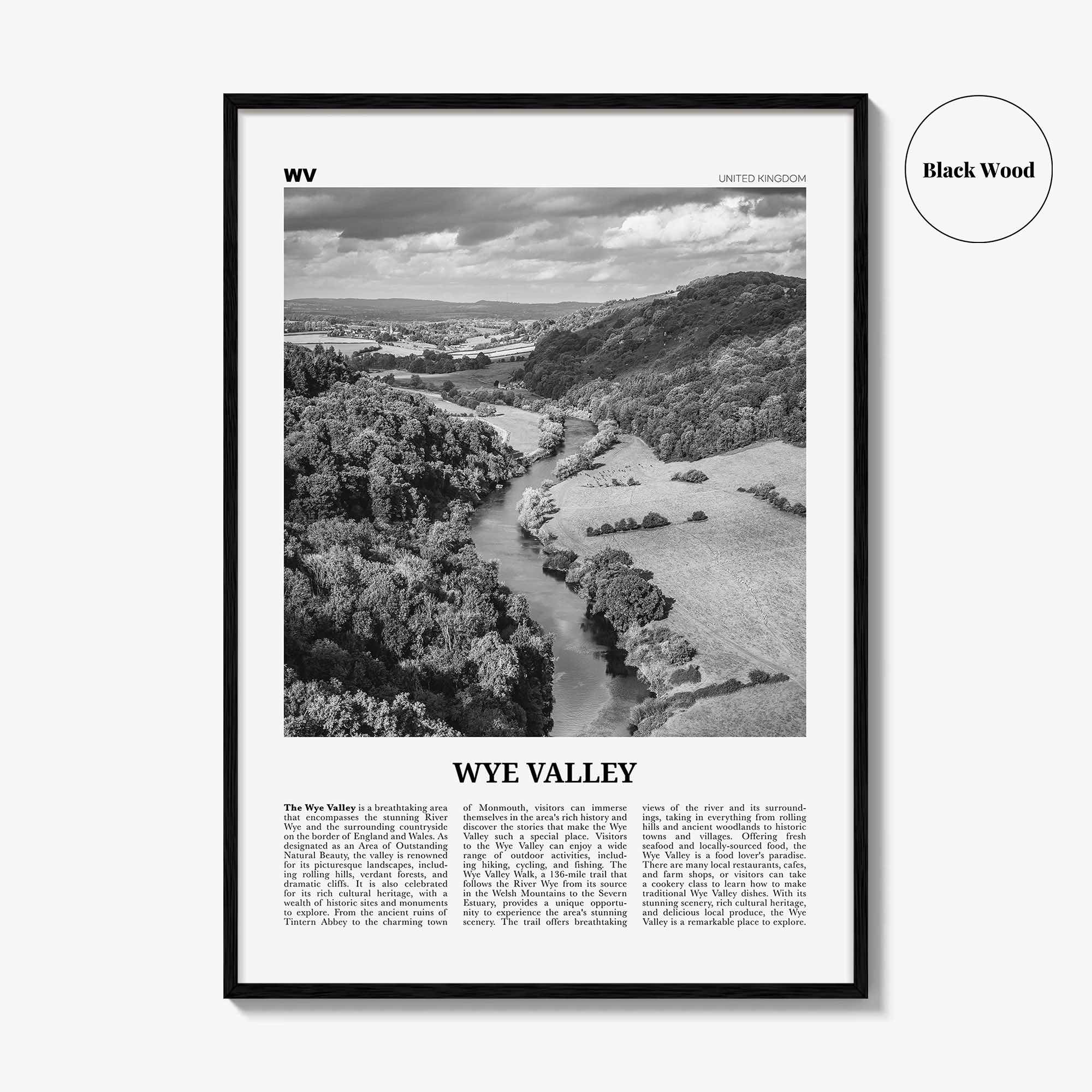 Wye Valley Print Black and White, Wye Valley Wall Art, Wye Valley Poster, Wye Valley Photo, Wye Valley Wall Décor, Wye Valley Map,