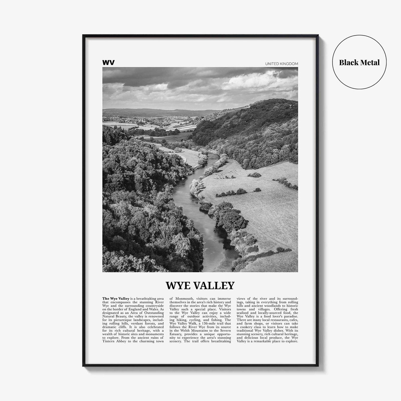 Wye Valley Print Black and White, Wye Valley Wall Art, Wye Valley Poster, Wye Valley Photo, Wye Valley Wall Décor, Wye Valley Map,