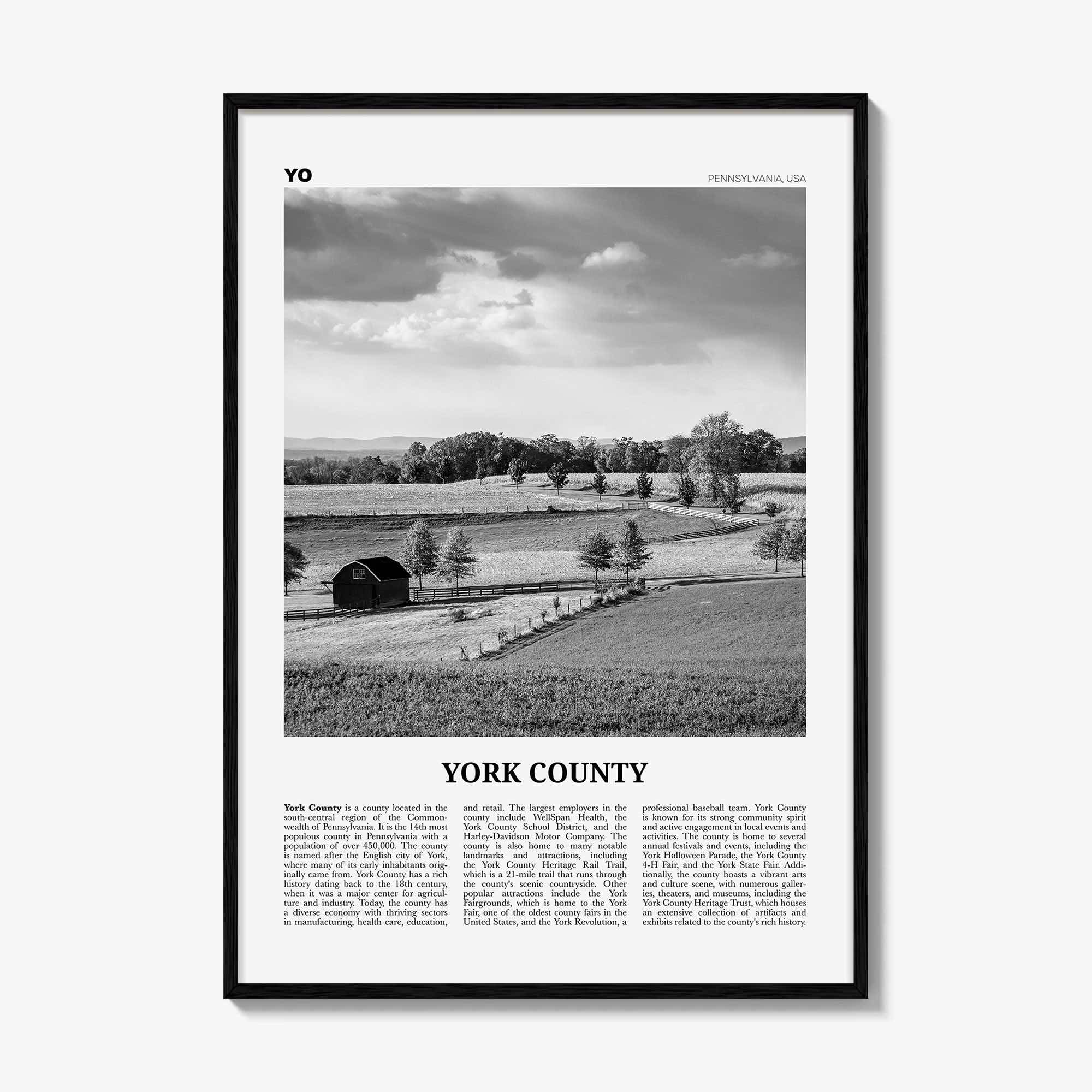 York County Print Black and White, York County Wall Art, York County Poster, York County Photo, York County Wall Décor, York County Map