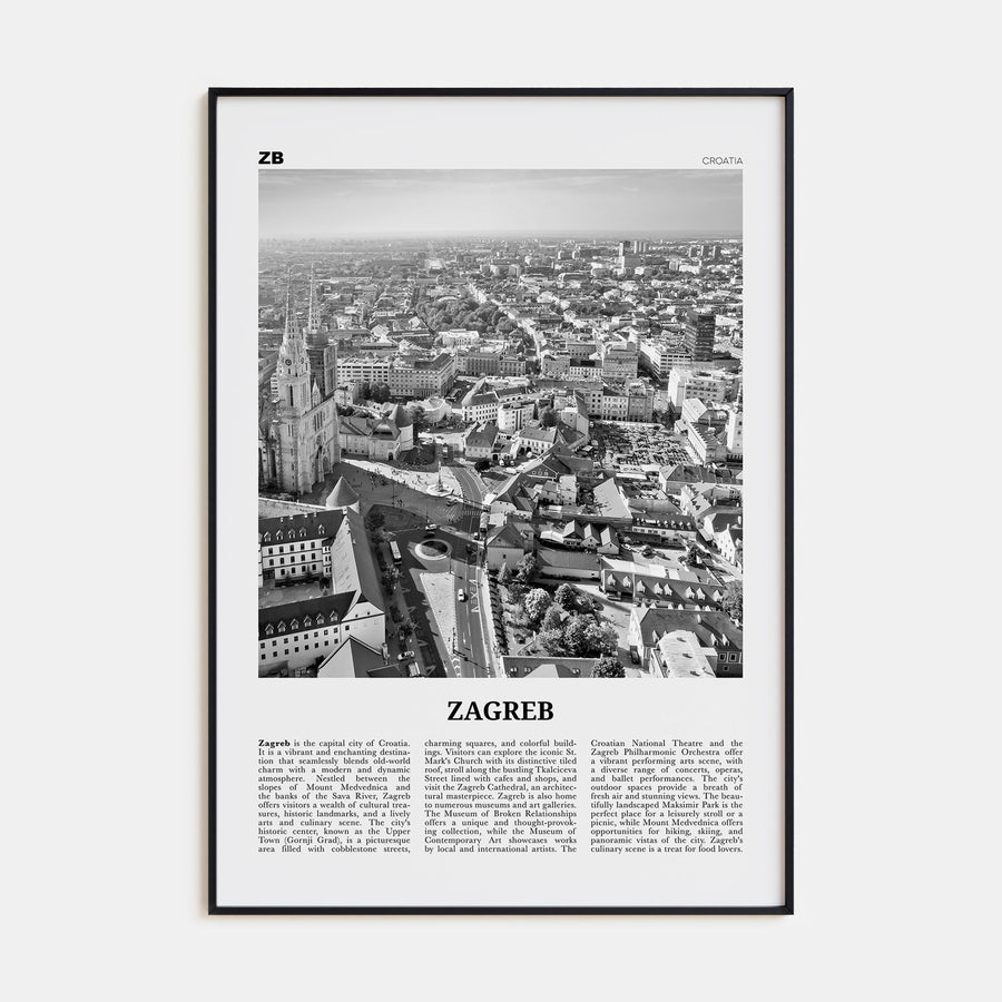 Zagreb Travel B&W Poster