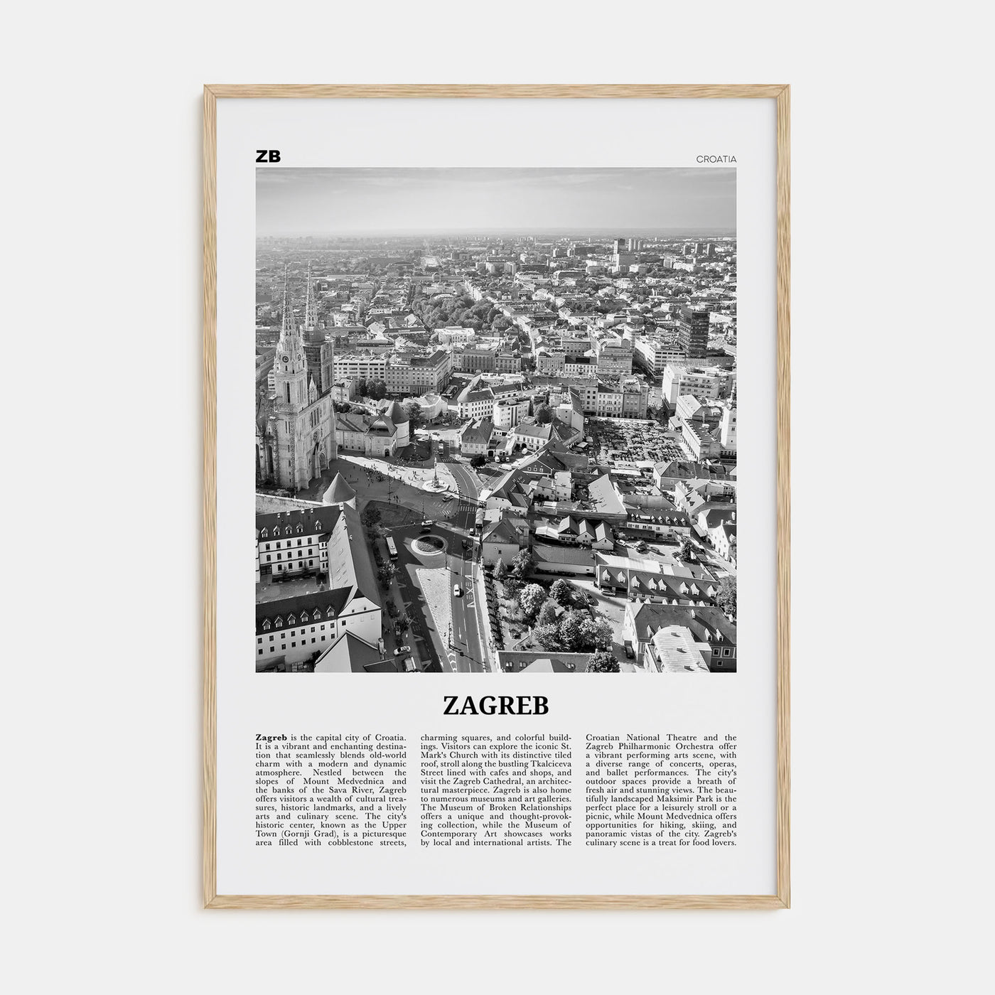 Zagreb Travel B&W Poster