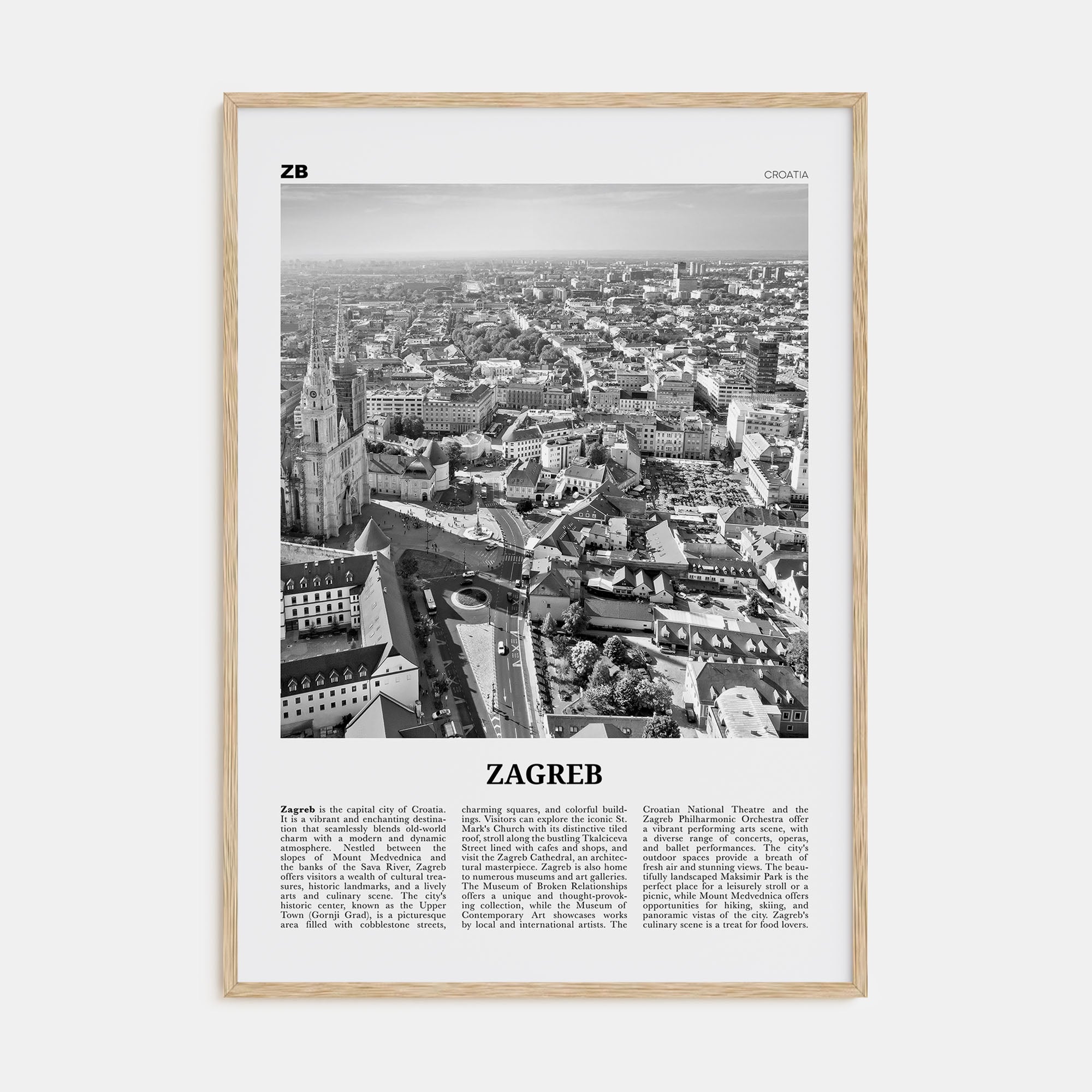 Zagreb Travel B&W Poster