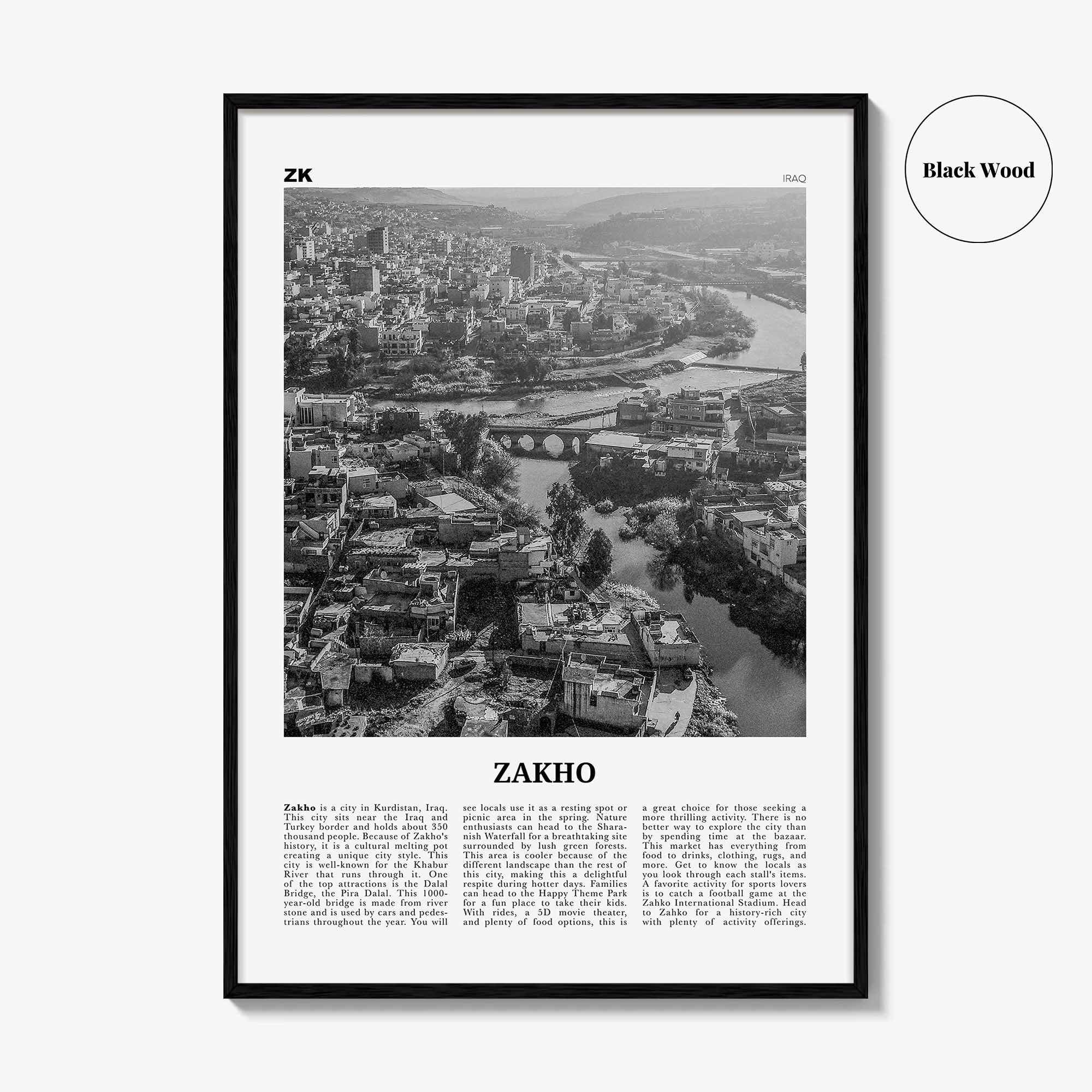 Zakho Print Black and White, Zakho Wall Art, Zakho Poster, Zakho Photo, Zakho Wall Décor, Zakho Map, Iraq