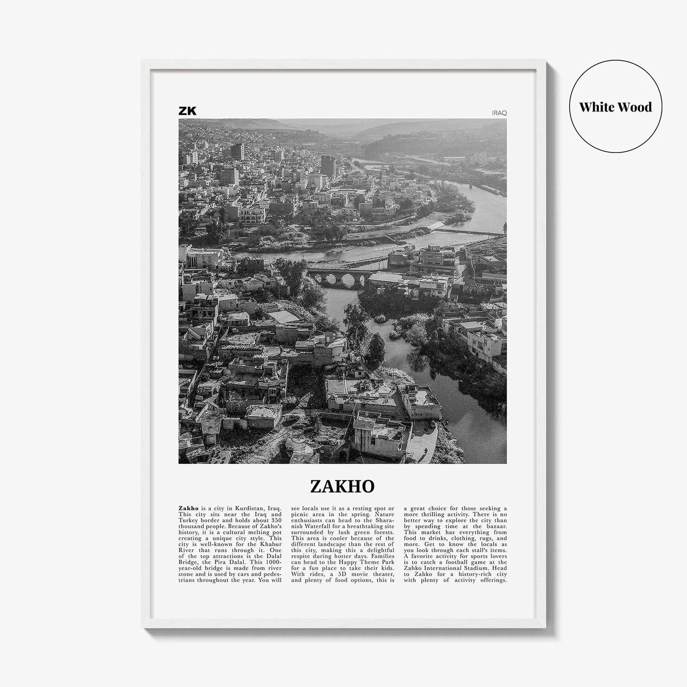 Zakho Print Black and White, Zakho Wall Art, Zakho Poster, Zakho Photo, Zakho Wall Décor, Zakho Map, Iraq