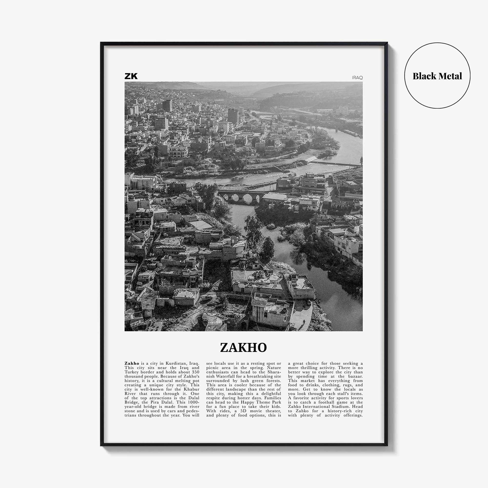 Zakho Print Black and White, Zakho Wall Art, Zakho Poster, Zakho Photo, Zakho Wall Décor, Zakho Map, Iraq