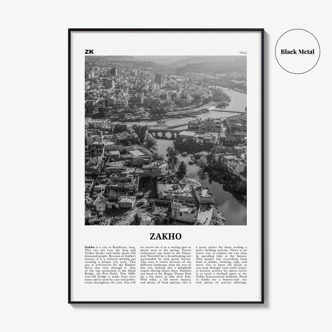 Zakho Print Black and White, Zakho Wall Art, Zakho Poster, Zakho Photo, Zakho Wall Décor, Zakho Map, Iraq