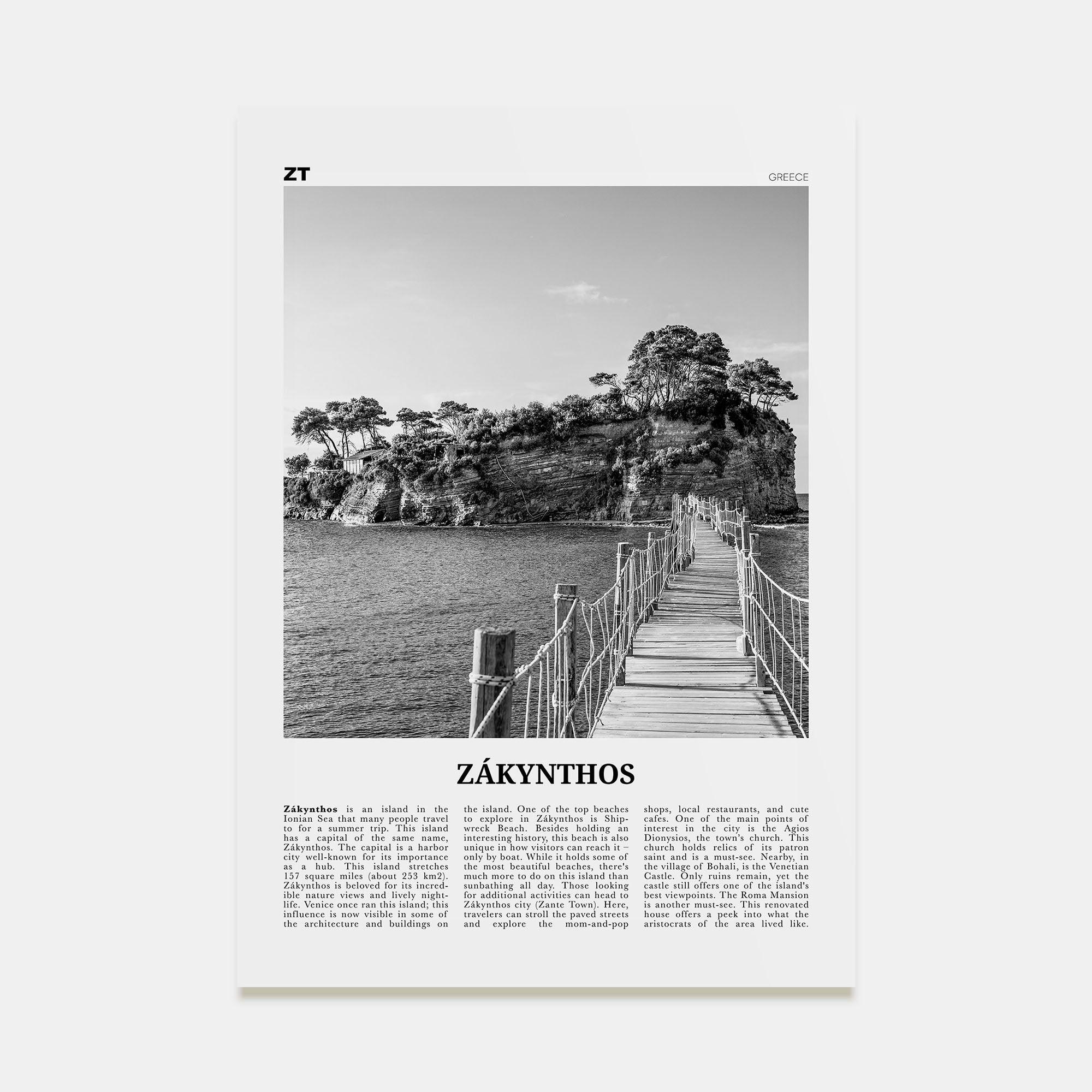 Zákynthos Travel B&W Poster
