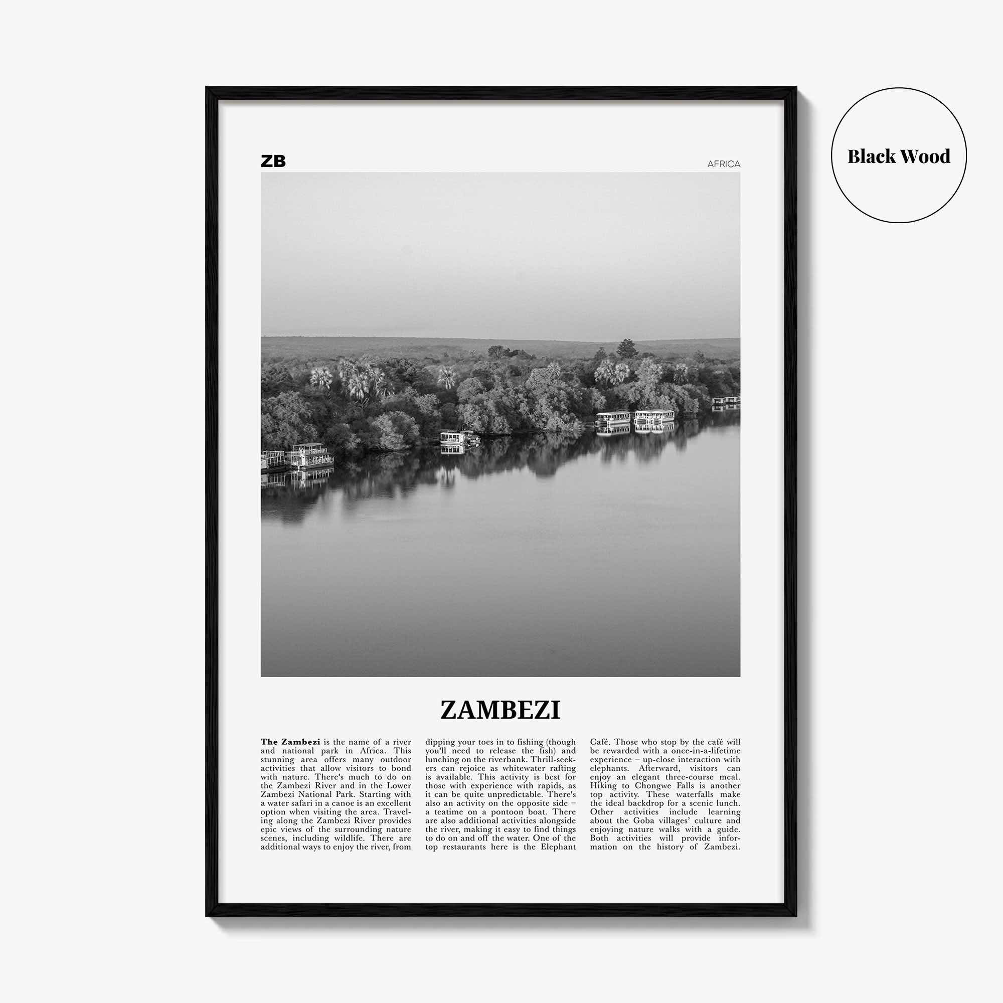 Zambezi Print Black and White, Zambezi Wall Art, Zambezi Poster, Zambezi Photo, Zambezi Wall Décor, Zambezi Map, Africa