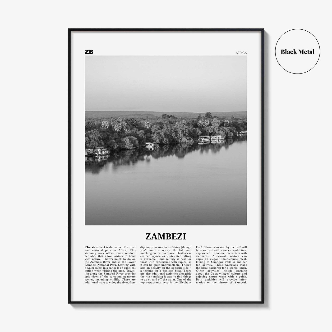 Zambezi Print Black and White, Zambezi Wall Art, Zambezi Poster, Zambezi Photo, Zambezi Wall Décor, Zambezi Map, Africa