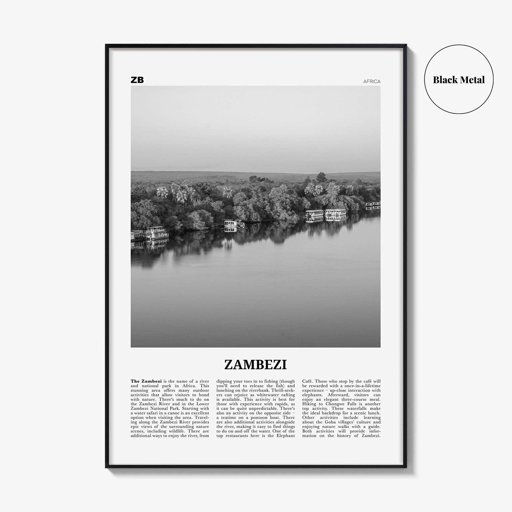 Zambezi Print Black and White, Zambezi Wall Art, Zambezi Poster, Zambezi Photo, Zambezi Wall Décor, Zambezi Map, Africa