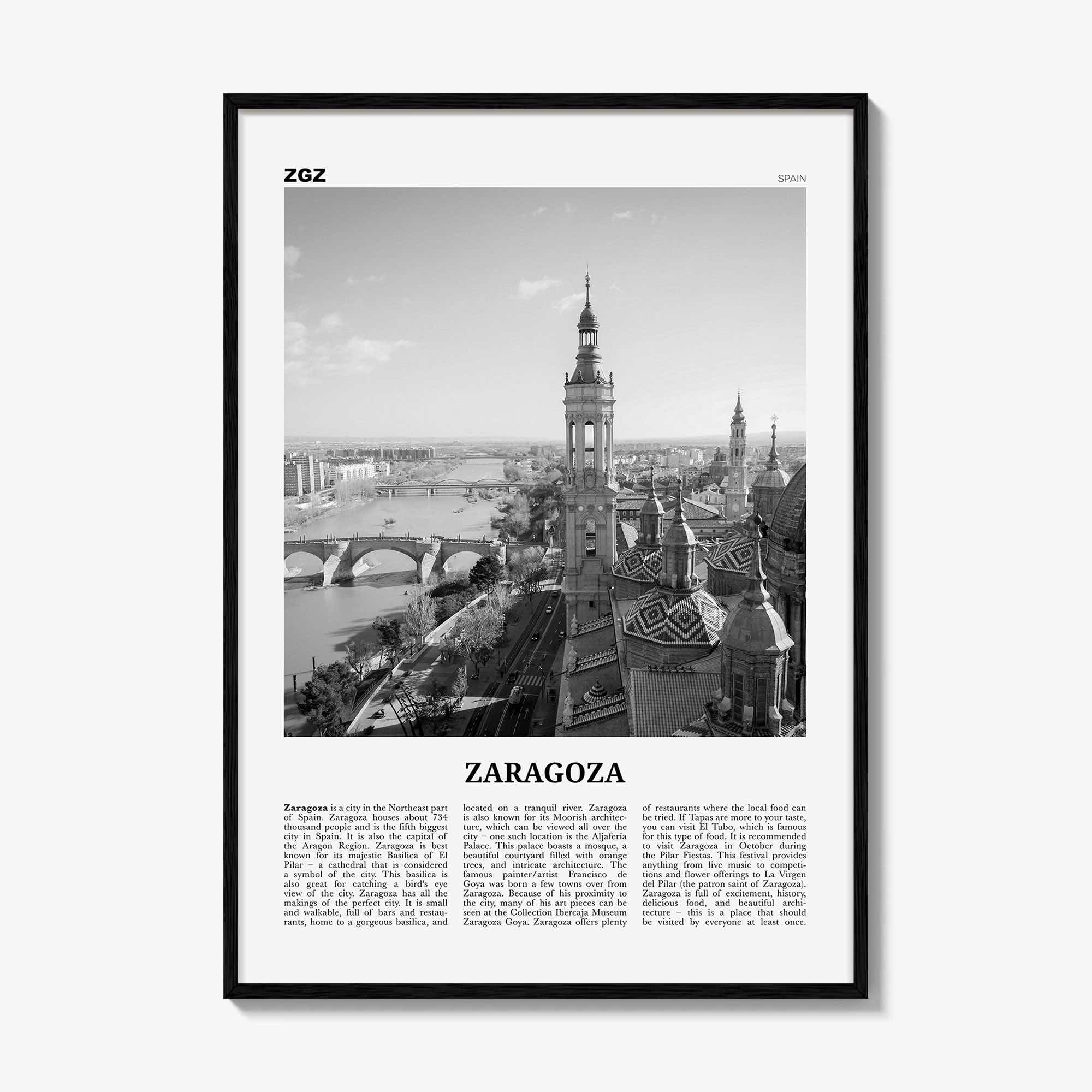 Zaragoza Print Black and White, Zaragoza Wall Art, Zaragoza Poster, Zaragoza Photo, Zaragoza Wall Décor, Aragon, Saragossa, Spain, España