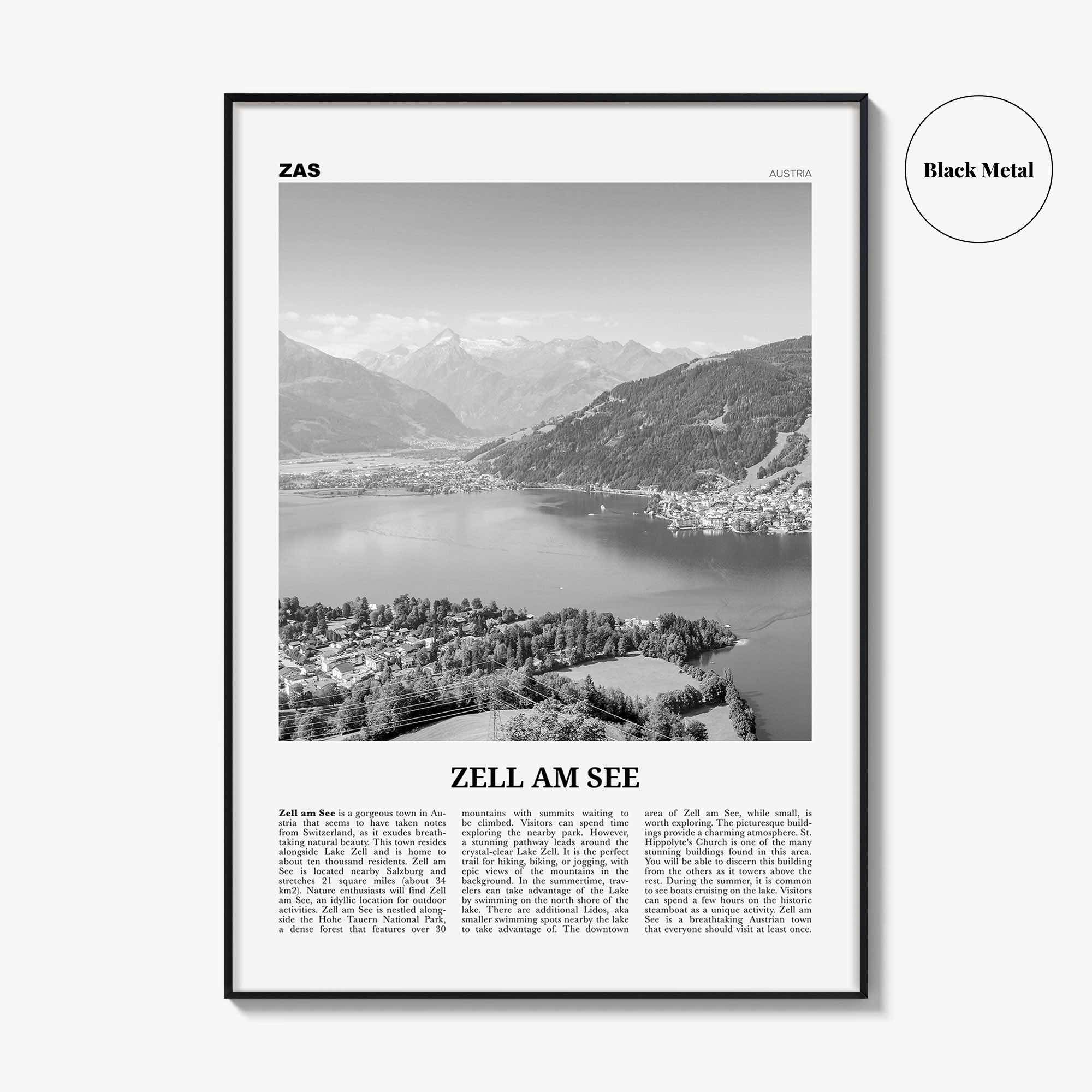Zell am See Print Black and White, Zell am See Wall Art, Zell am See Poster, Zell am See Photo, Zell am See Décor, Zell am See Map, Austria