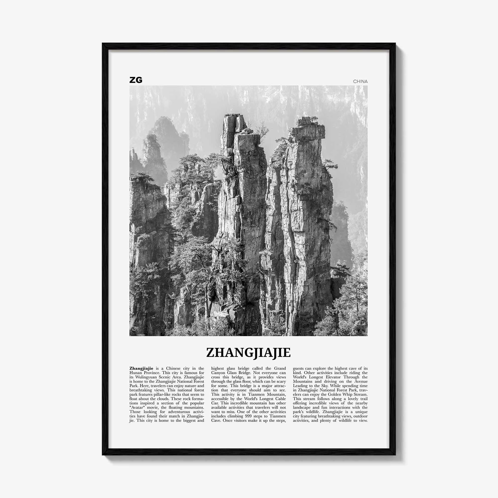 Zhangjiajie Print Black and White, Zhangjiajie Wall Art, Zhangjiajie Poster, Zhangjiajie Photo, Zhangjiajie Wall Décor, Zhangjiajie Map