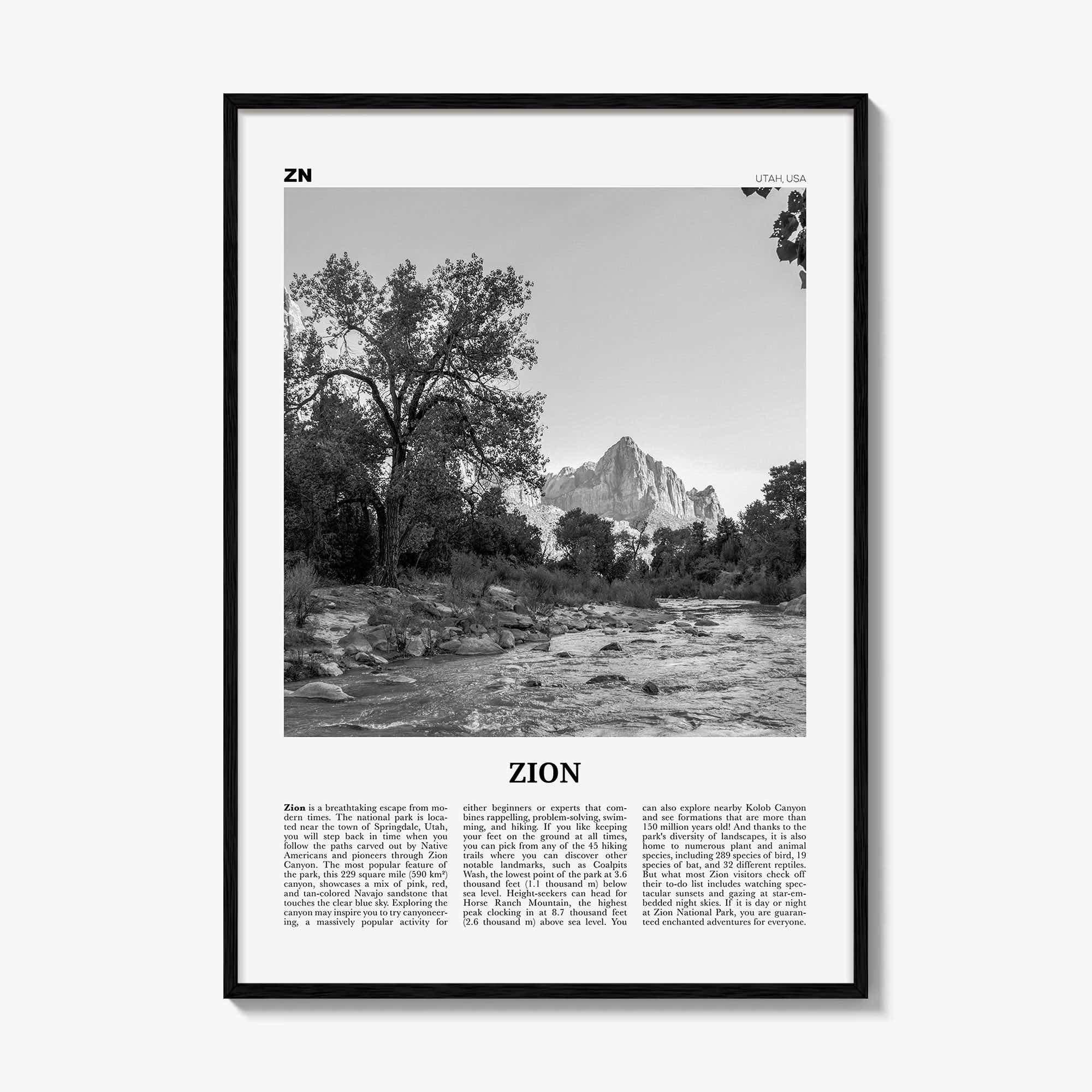 Zion National Park Print Black and White, Zion Wall Art, Zion Poster, Zion Photo, Utah, USA, United States, North America