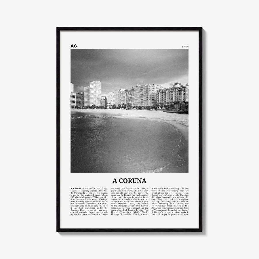 A Coruña black & white newspaper poster of Spain – vertical wall art, unframed print shown in interior mockup